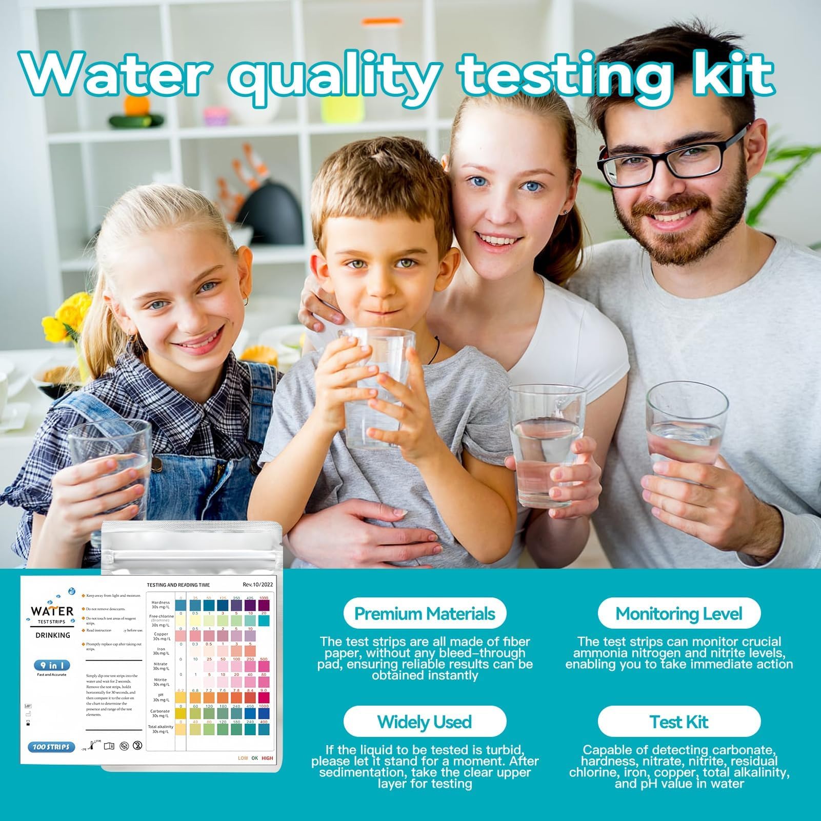 Lot de 100 Bandelettes Test Eau Aquarium 9 en 1, Kit Test Aquarium Eau Douce et Eau Salée, Test Nitrite Nitrate pH GH KH Chlore Cuivre Fer avec Tube et Thermomètre