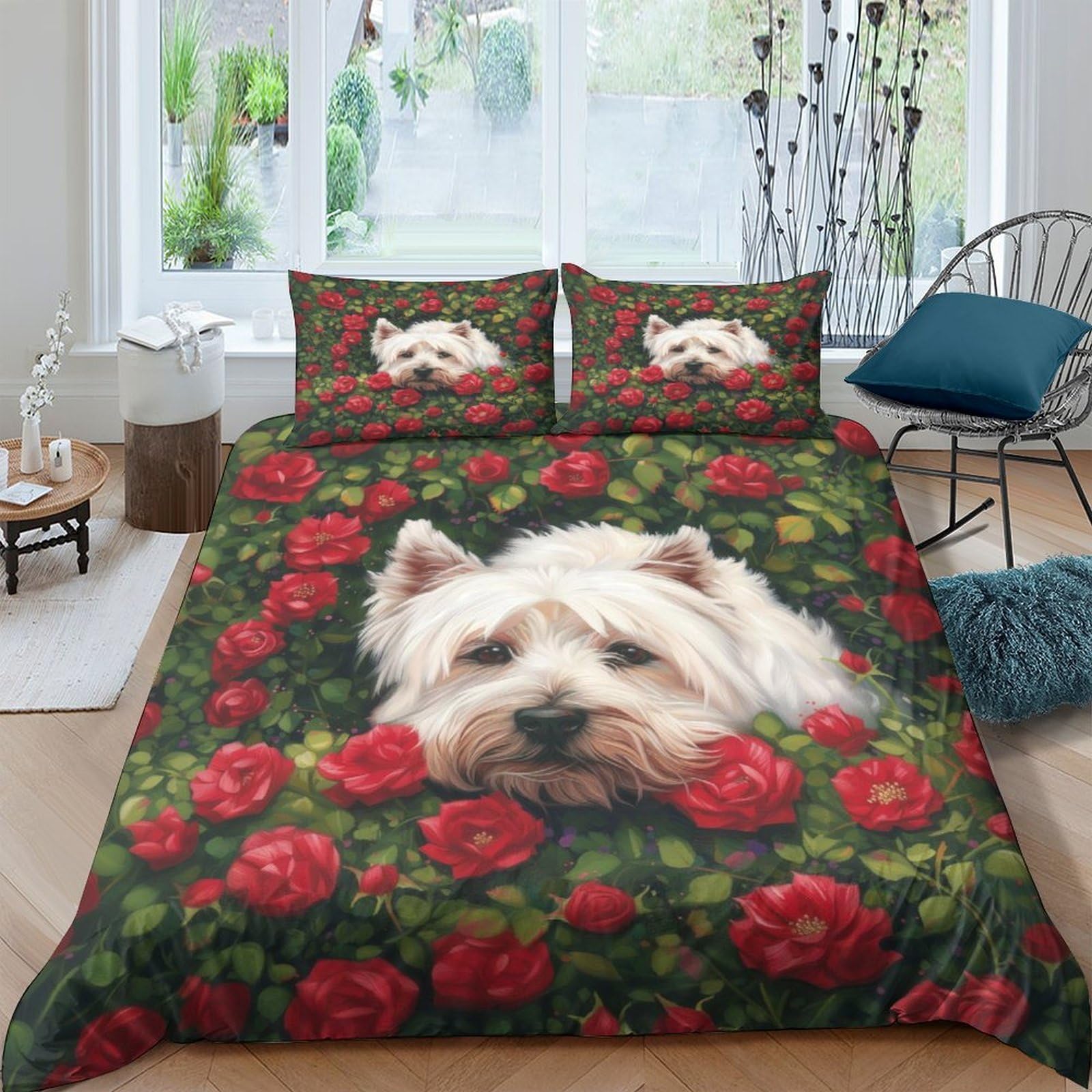 Ctjqhvkz Style-9 3D Printed White Westie Dog Fitted Sheet Microfiber Soft Breathable Red Rose Mattress Cover For Bedroom Decor Single（135X200cm）