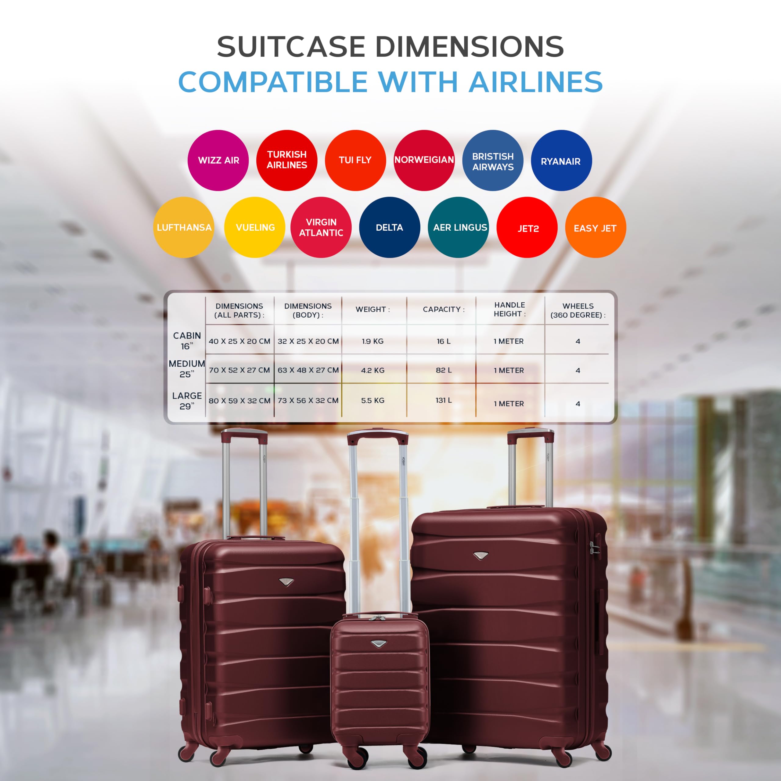 Flight Knight Suitcase Sets 3 Piece, Large Suitcase, Lightweight Extra Large Suitcase, 40x20x25 Ryanair Underseat Cabin Bag, Carry On Suitcase,Hand Luggage, for Over 100 Airlines,EasyJet, Jet2