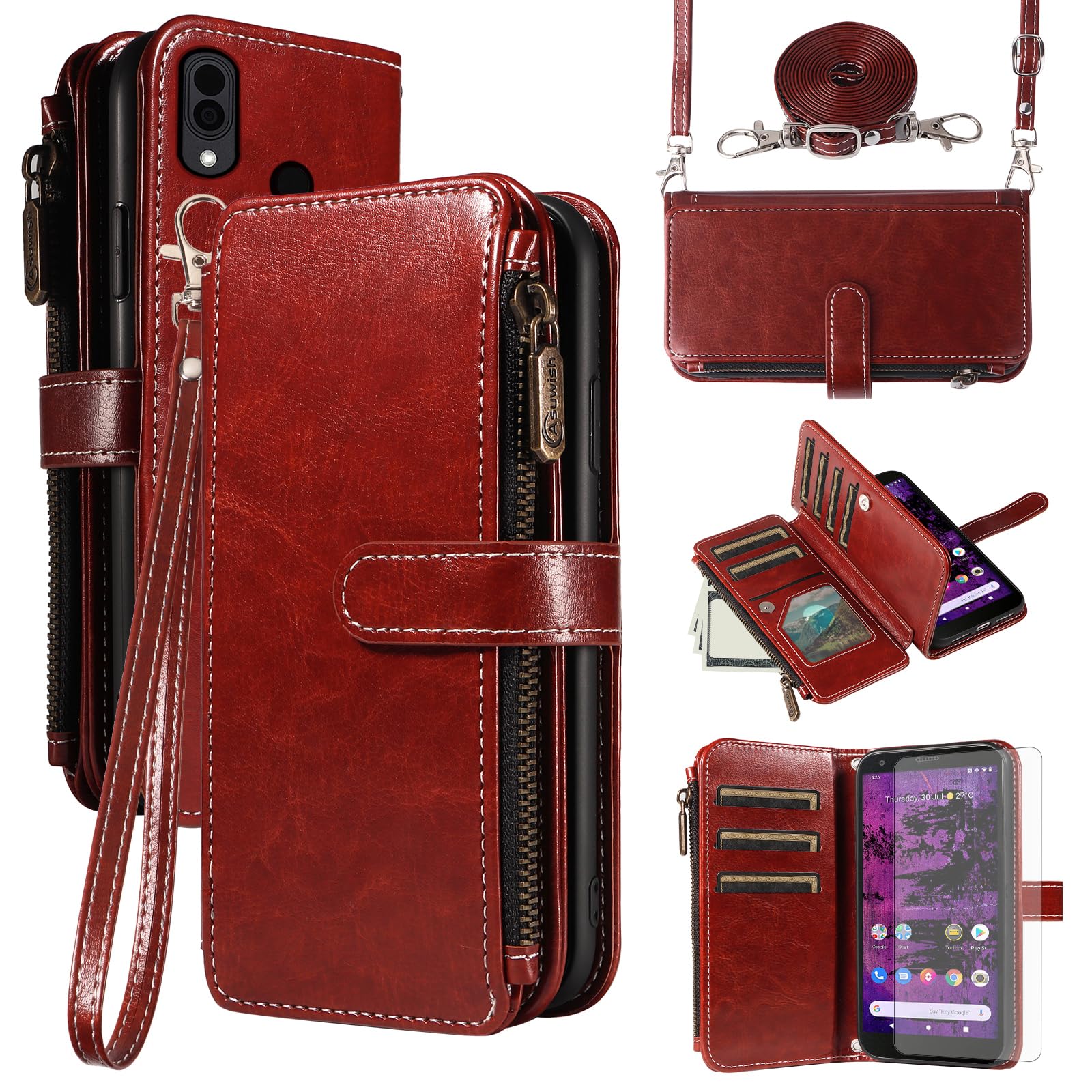 Asuwish Handyhülle für Cat S62/S62 Pro Hülle mit Band Folie Schutzfolie Kartenfach Klappbar Leder Geldbörse Ständer S 62 62S Handy Hüllen Schutzhülle Reißverschluss Handyhüllen Cover Phone Case Braun
