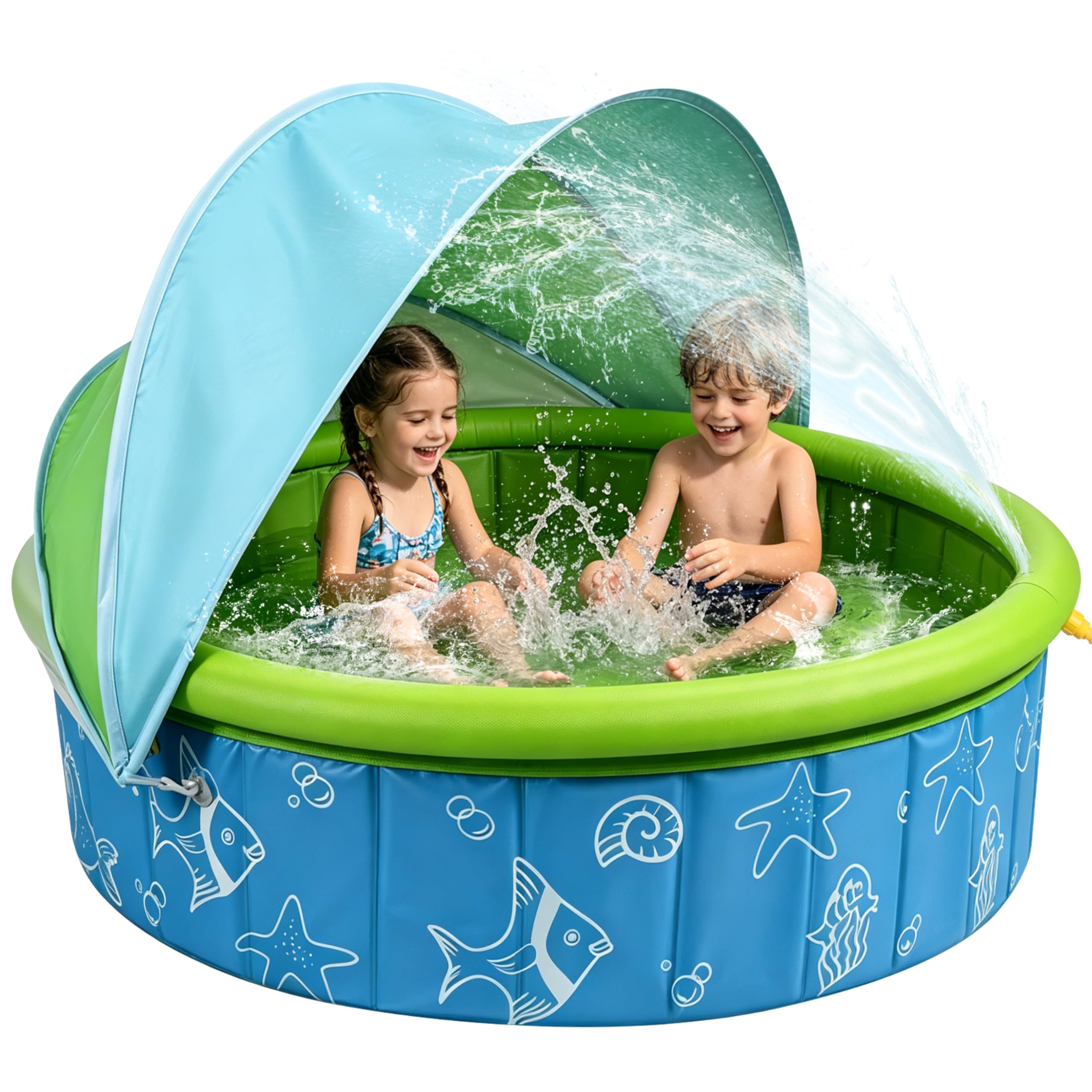 JONRRYIN Piscina para Niños, Piscina Infantil con Toldo y Pulverización Protección UV SPF50+, Tienda de Playa Plegable Portátil para Jardín Playa Picnic 120x36 cm