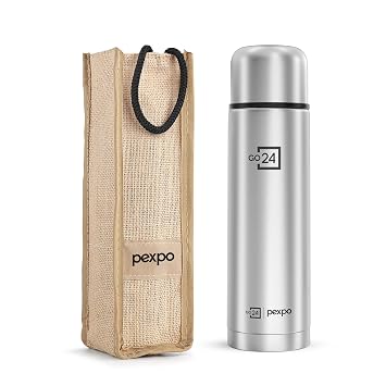 PEXPO Stainless Steel Water Bottle 1 LTR, ISI Certified, Hot & Cold Flask with Jute Bag | Leak Proof| 2 Year Warranty | for School, Office, Travel & Picnic | Flamingo | Silver