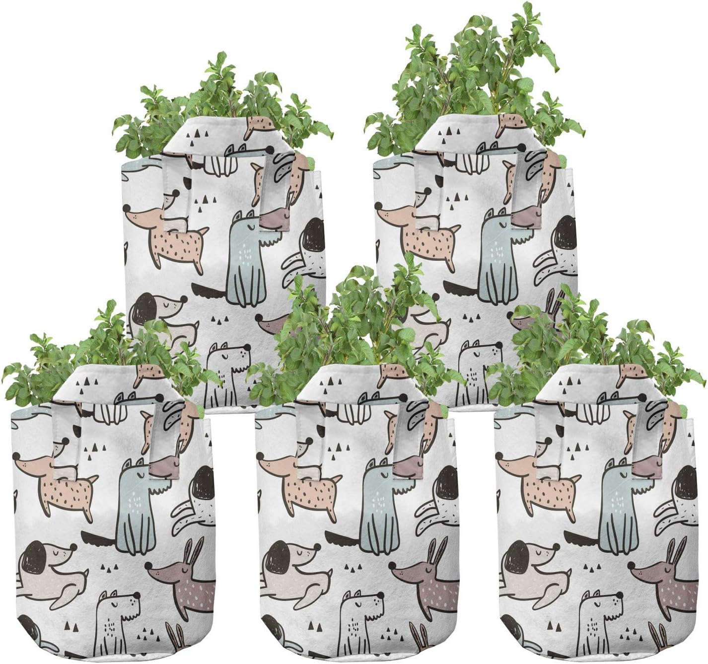 Lunarable Dogs Grow Bags 5-Pack, Sketchy Dog Characters, Heavyduty Fabric Pots with Handles for Plants, Multicolor