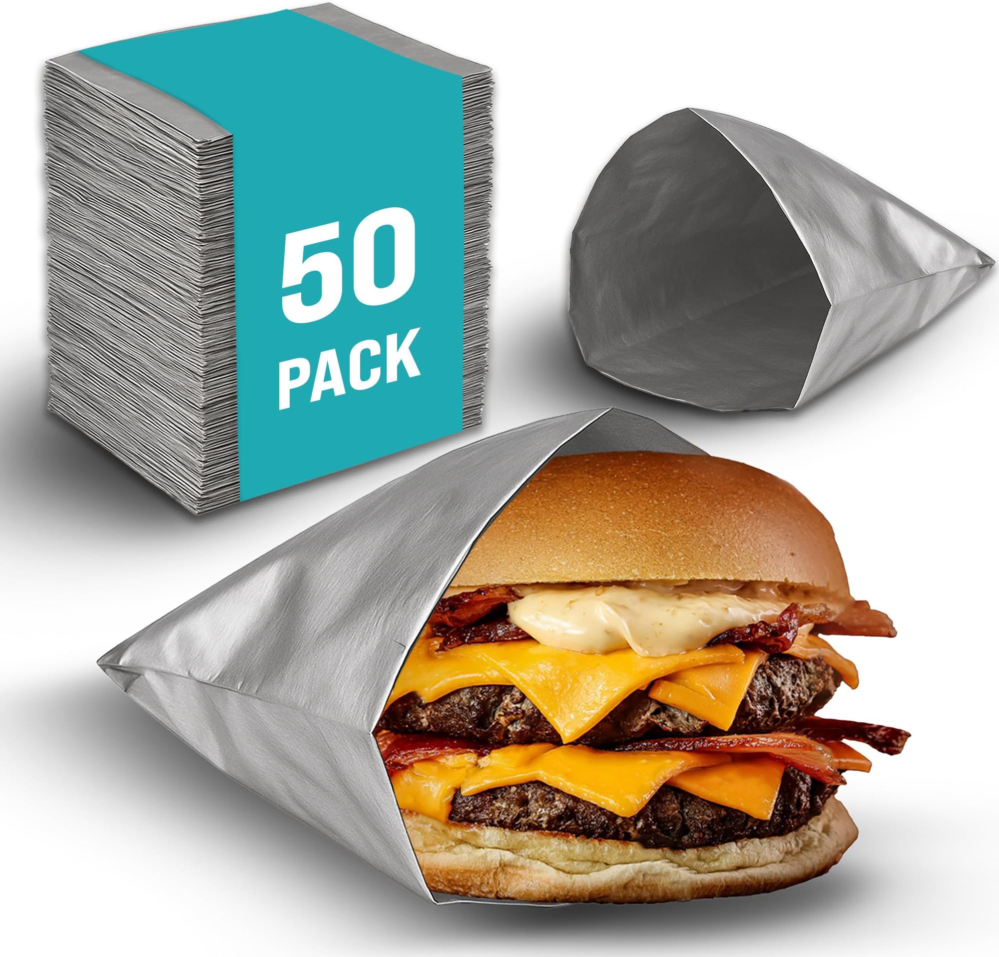 50 Pack Aluminum Foil Hamburger Bags – Grease-Resistant Burger Wrappers for Hot Sandwiches, Paninis, BBQ, Pretzels & More – BPA-Free, Disposable Takeout Food Sleeves by C&S Event Supply Co.