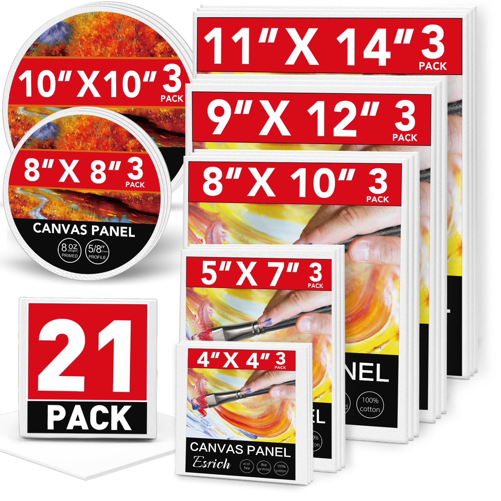 ESRICH Canvas Boards for Painting-21 Pack Blank Canvas Boards-4x4, 5x7, 8x10, 9x12, 11x14, Round Canvas D8, D10, Cotton Primed Canvas Panels, Painting Canvas for Oil, Acrylic, Watercolor.