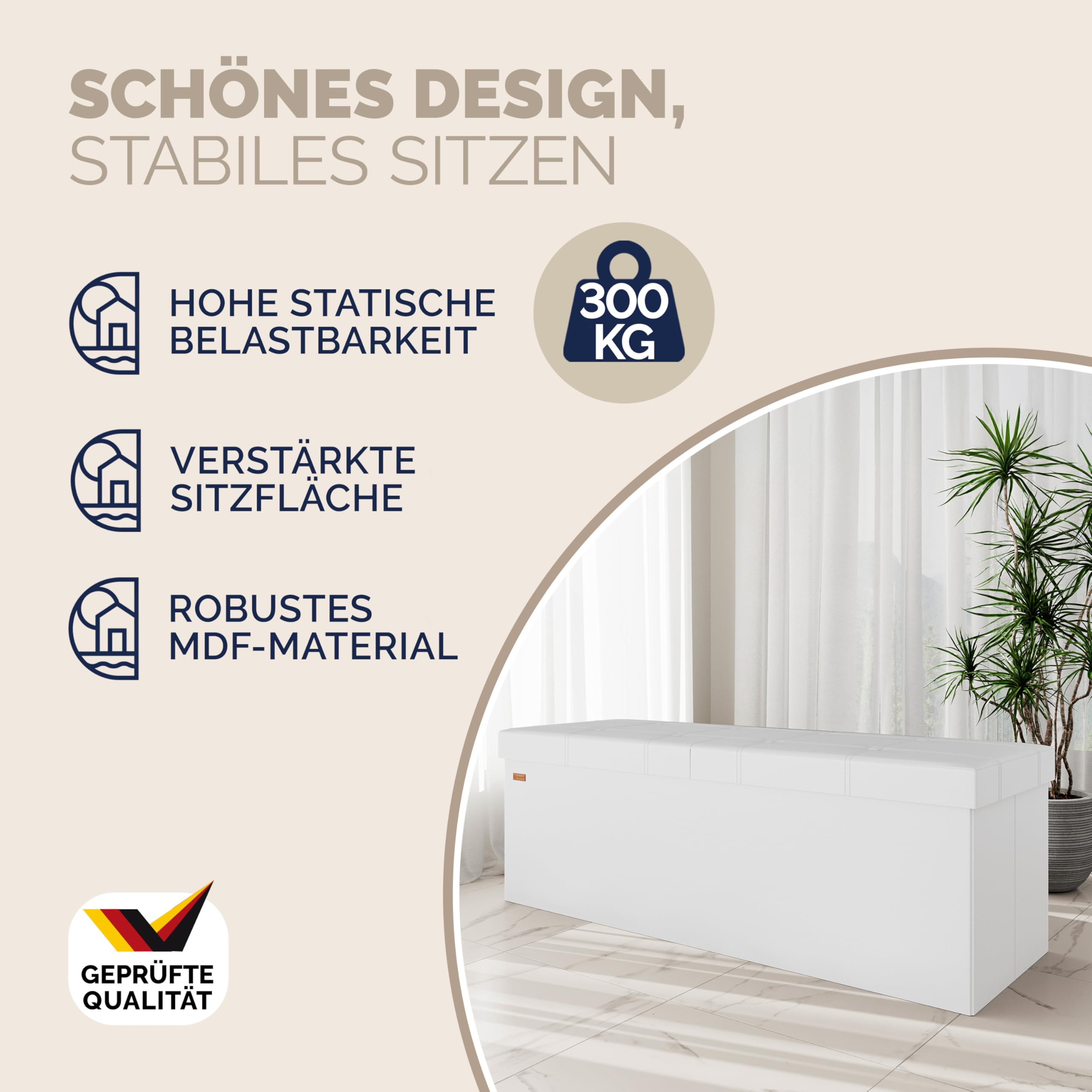 Casaria® Sitzbank mit Stauraum Faltbar Weiß 115x40x40cm Gepolstert Deckel Kunstleder Schlafzimmer Wohnzimmer Flur Sitztruhe Truhenbank Polsterbank