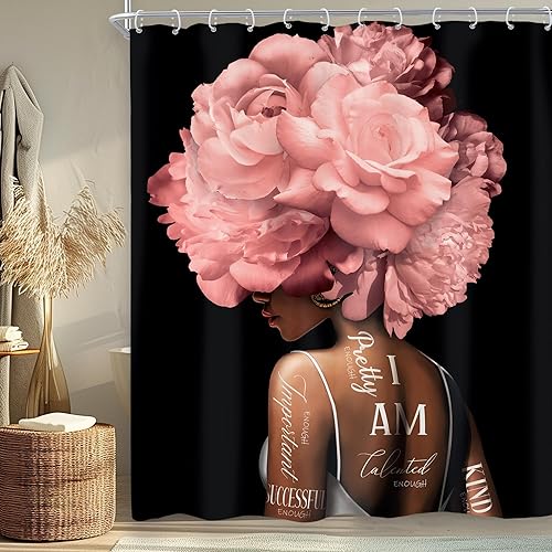 Miniatura 4 de Riyidecor Cortina de ducha afroamericana de 72 pulgadas de ancho x 72 pulgadas de alto, cortinas de ducha para niña y mujer, diseño floral de