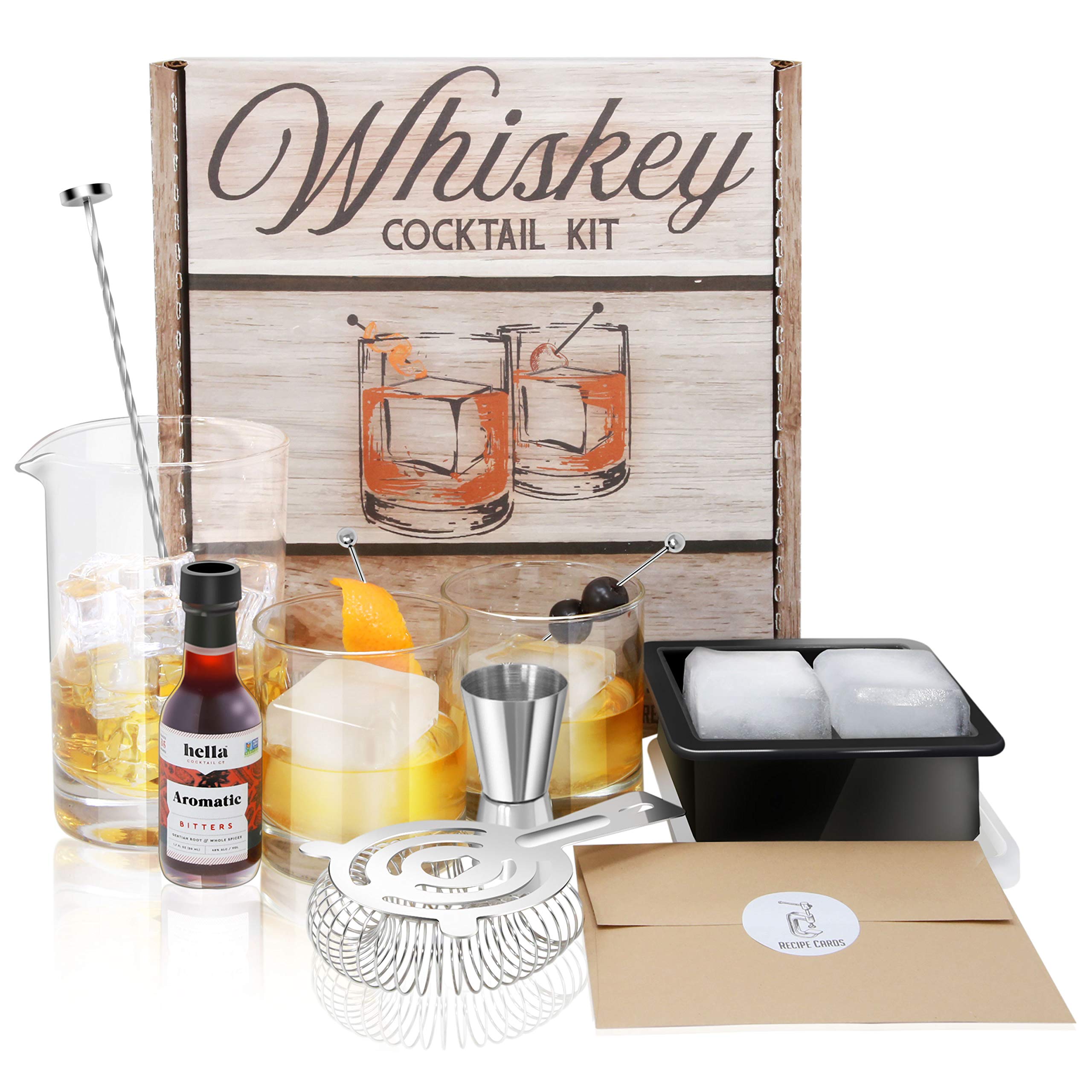 Whiskey Cocktail Kit: Rocks Drinking Glass Set, 750ml Crystal Mixing Glass, Ice Cube Mold, Stainless Bar Spoon Muddler, Strainer, Jigger, Garnish Picks, Bitters, Recipes Cards for Old Fashioned & More