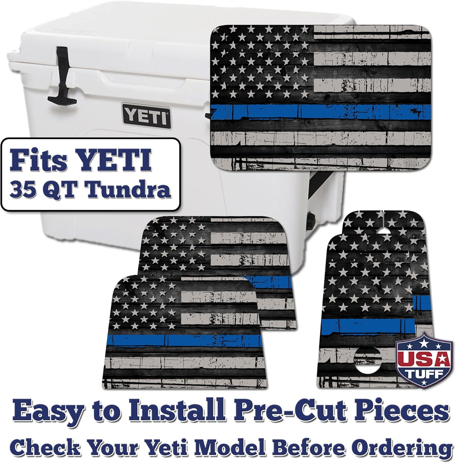 USATuff Vinyl Cooler Lid & Insert Kit Compatible with YETI | Easy Peel & Stick Application Cooler Skin Decal Wrap | Durable Pre-Cut Pieces | Made for Outdoor Use - Thin Blueline Flag