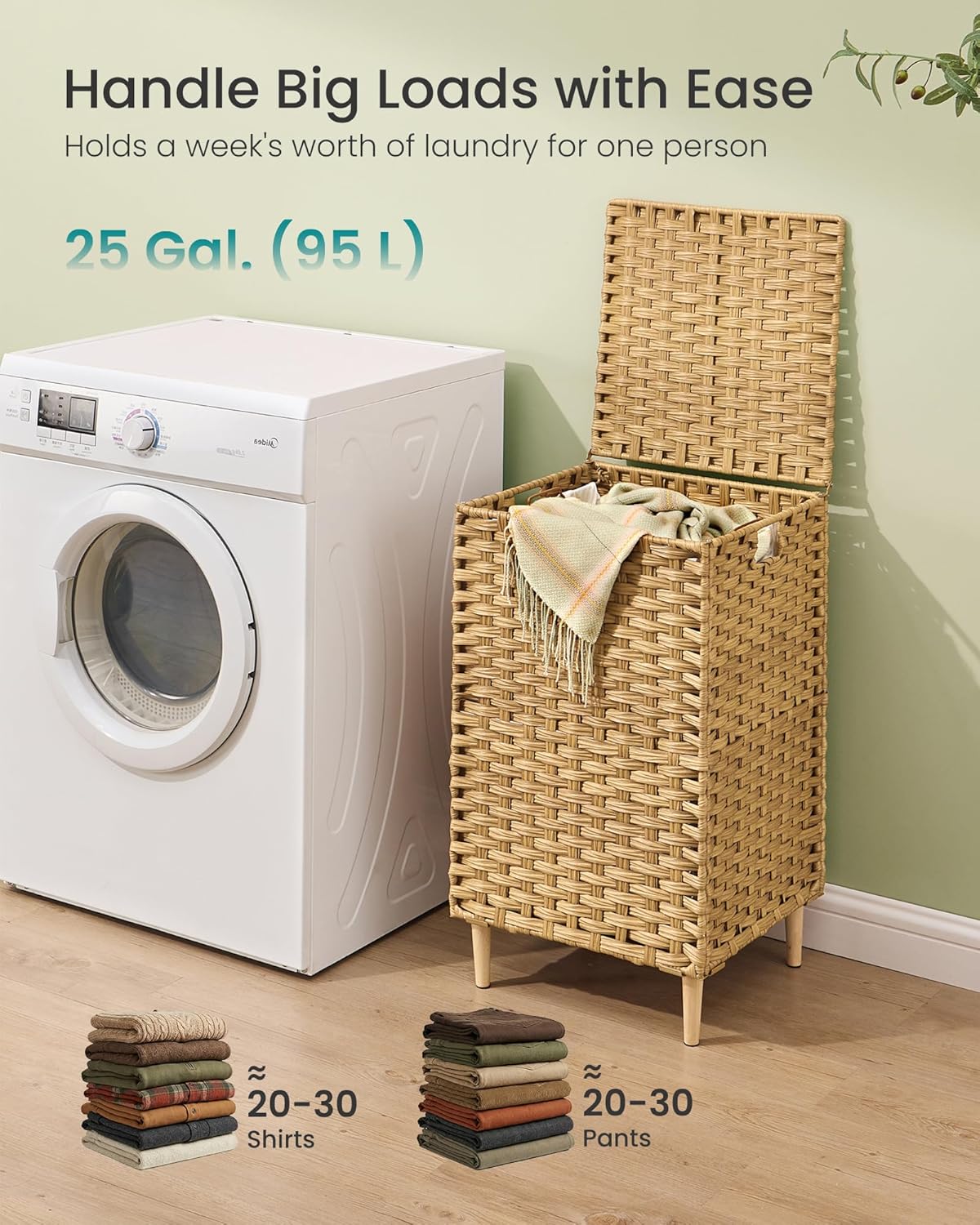 SONGMICS Laundry Hamper with Lid, 25 Gal (95L) PE Rattan Laundry Basket with Removable Washable Liners, for Bedroom & Living Room, Goose Yellow ULCB221YE01