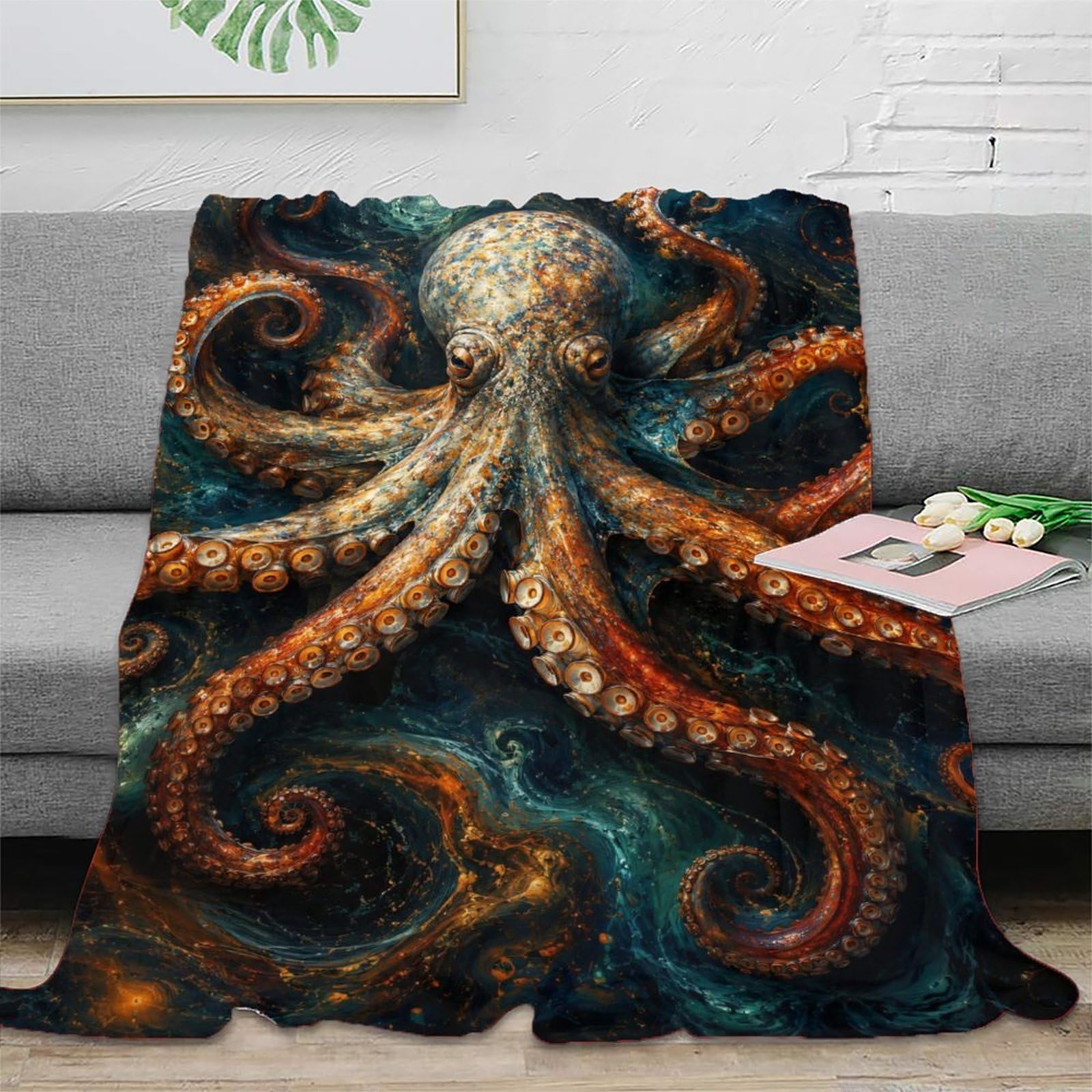 W7C8U2X3 Deep Sea Octopus Blanket, Flannel, Office, Ocean Fantasy Art