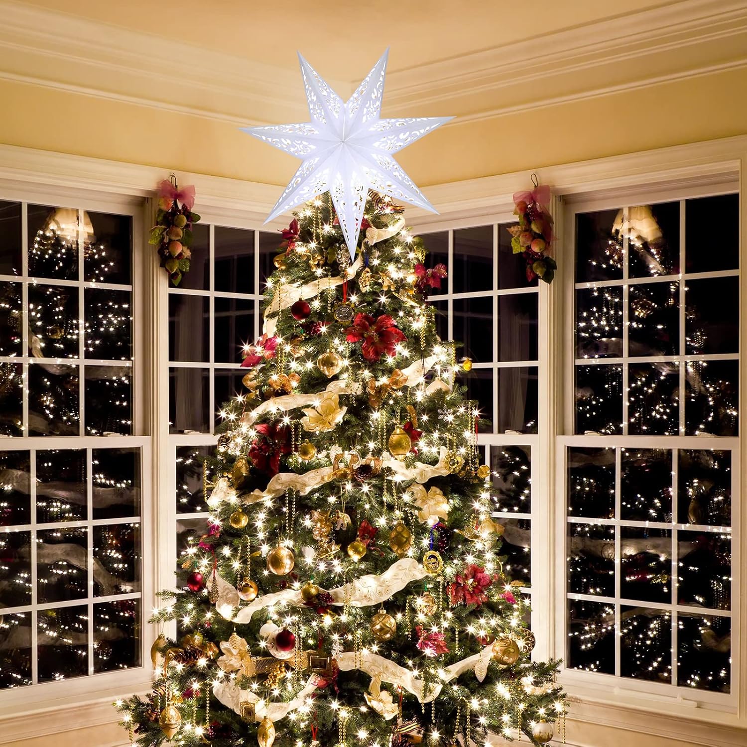 Kingdder 20 in Christmas Paper Star Lanterns Lampshade with White LED Light 7 Pointed Moroccan Hollow out Stars Hanging Party Decoration for Weddings Christmas Tree Birthday