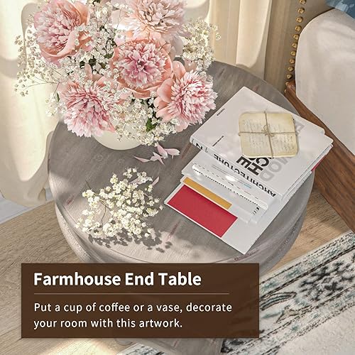 Miniatura 5 de SUNBURY Juego de 2 mesas auxiliares de granja de 18 pulgadas mesa auxiliar redonda de madera para sala de estar mesa auxiliar ligera de MDF mesa