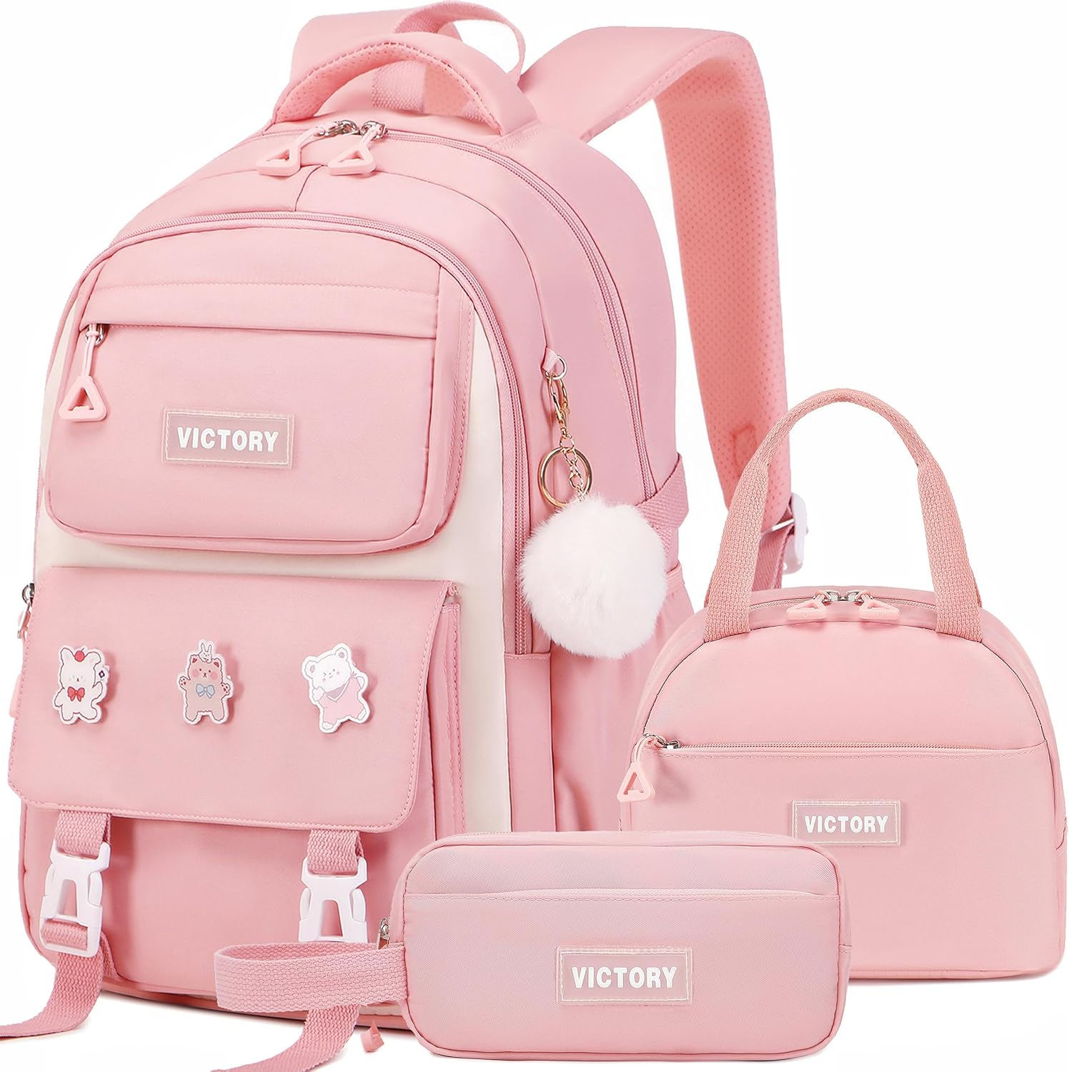 AO ALI VICTORY Backpack for Girls 3 PCS Cute School Backpacks Elementary Kids Book Bag with Lunch Box Pencil Case Set Laptop College Travel Back Pack Large Bookbags for Girl Teens Women Student Pink