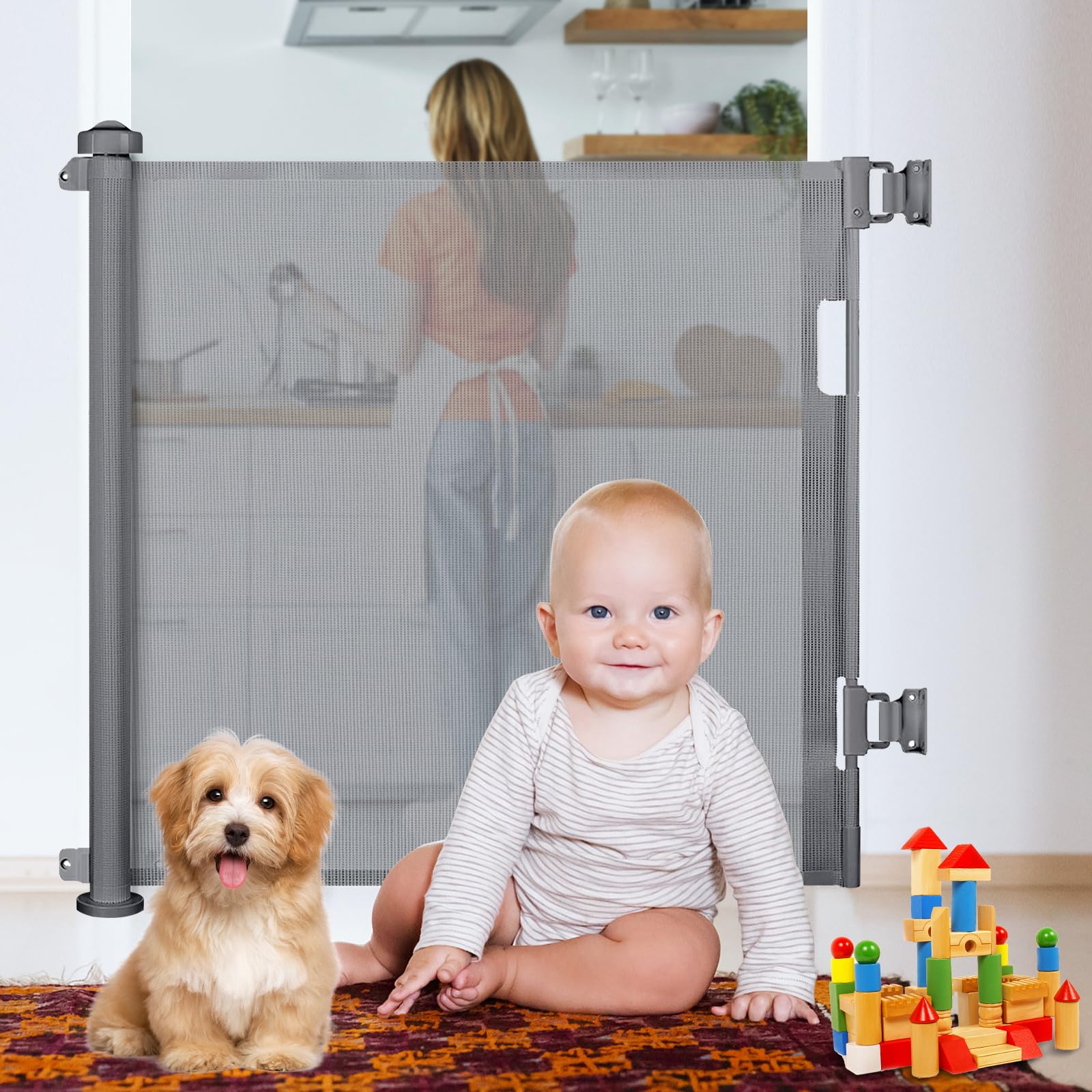 Dioxide Puerta Seguridad Retráctil para Bebés, 0-150 cm, Barrera Seguridad para Escaleras para Niños y Perros, Adecuada para Escaleras, Pasillos, Interiores y Exteriores (Gris)