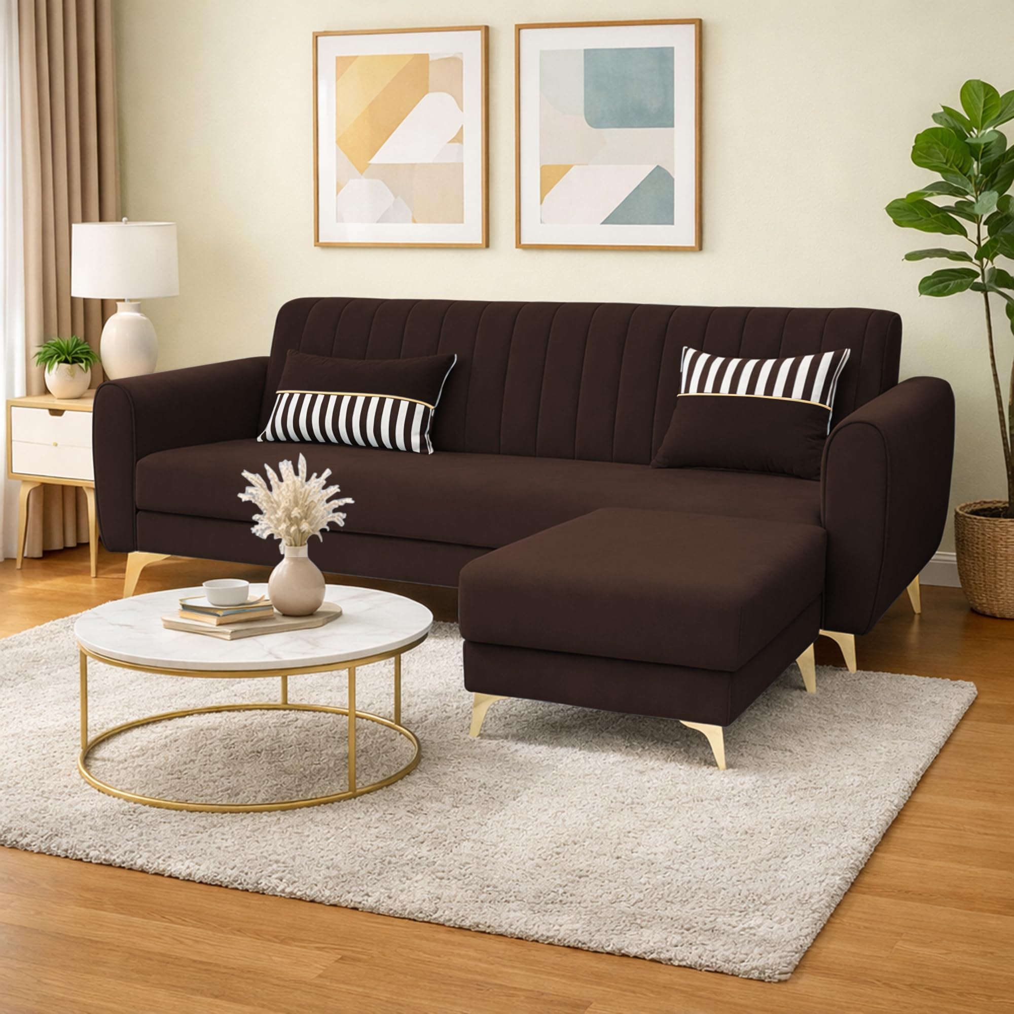 Adorn India Premium Luster 4 Seater L Shape Sofa Set | Velvet Suede Fabric | 3-Year Warranty | Color Brown with Golden Legs & Striped Pattern Cushion