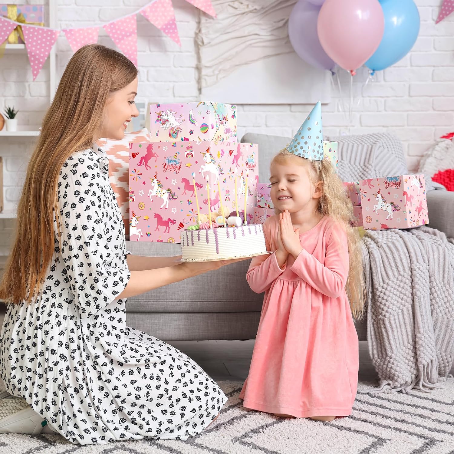 WERNNSAI Unicorn Reversible Wrapping Paper Roll - 17' x 33 ft Unicorn Princess Gift Wrapping Paper - Pink & White - 48.5 sq ft - Baby Shower & Birthday Occasion