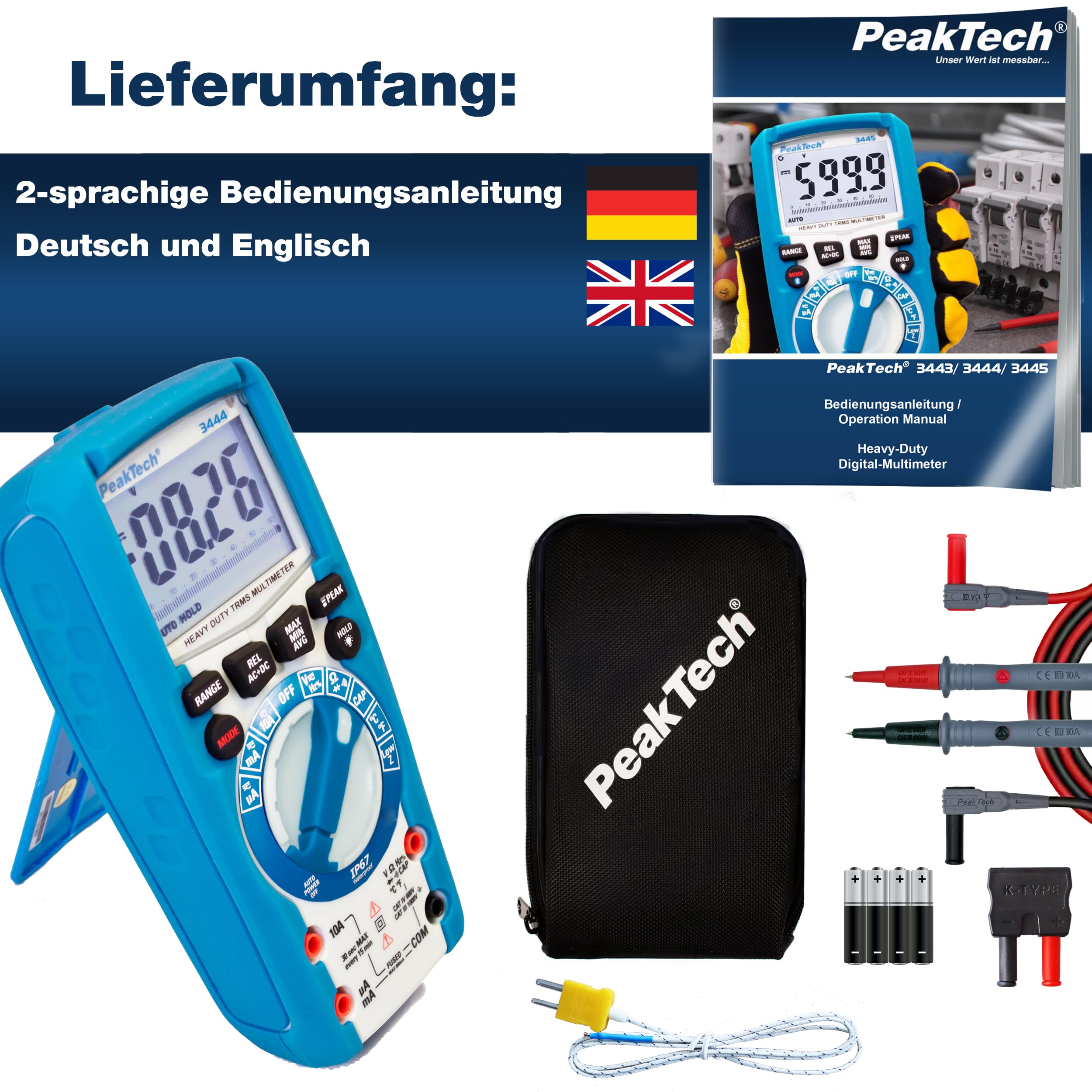 PeakTech P 3444 True RMS Multimeter Digital - (IP67) Wasserdichter Spannungsprüfer & Strommessgerät - 6000 Counts - Extrem Robustes Gehäuse mit LED-Lampe - Durchgangsprüfer, Messgerät - CAT III 1000 V