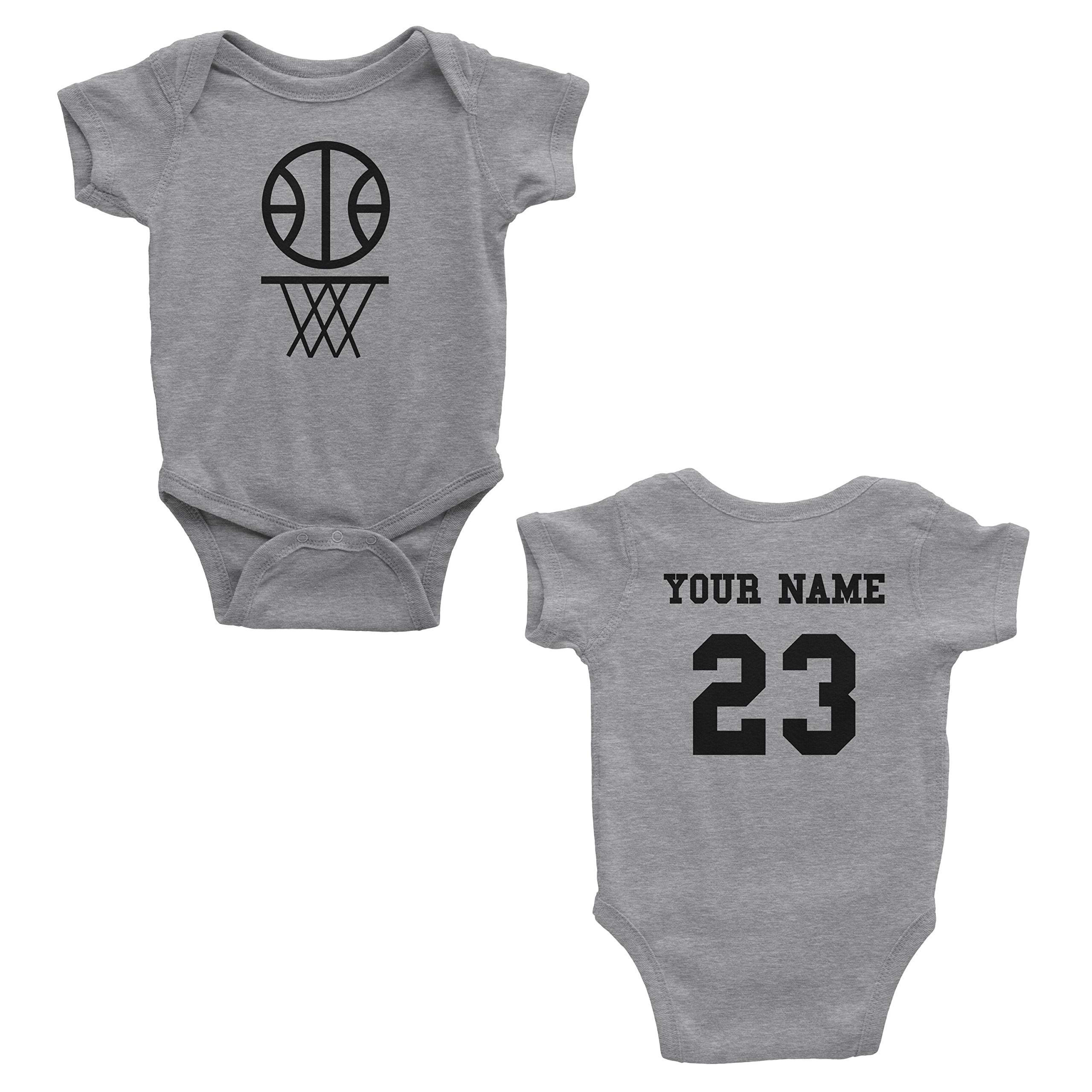 Basketball Custom One Piece Bodysuit for Baby – Personalized Name and Number (6 Months, Heather Grey)