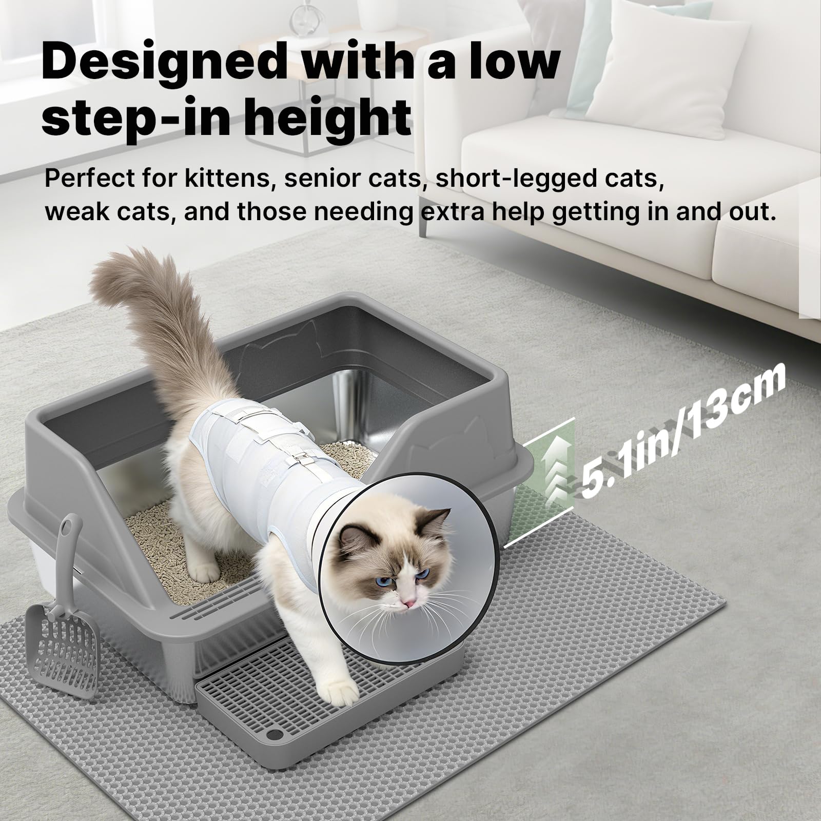 Stainless Steel Litter Box XL for Big Cats, Large Metal Cat Litter Box, High Sided Stainless Steel Pan Litterbox, Easy Clean Non-Stick, Included Scoop & Pedal & Mat, Dark Grey - 4
