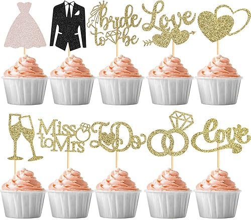 60 piezas de decoración para cupcakes de novia con purpurina, decoración para cupcakes de boda con la frase "I Do Love", para despedidas de soltera,