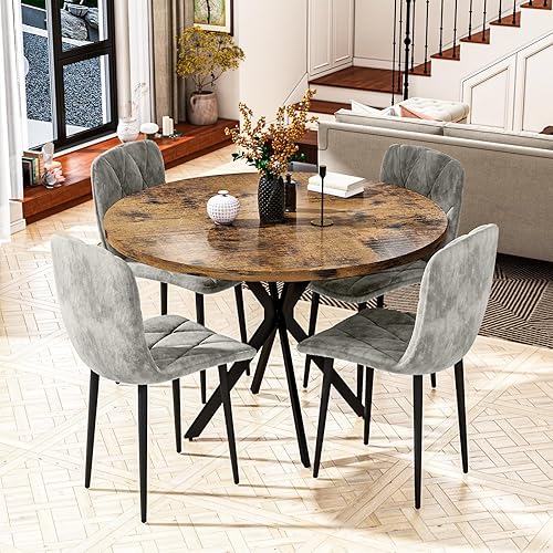 Miniatura 7 de DKLGG Juego de mesa redonda de comedor para 4, mesa de comedor de mármol sintético de 39 pulgadas con sillas tapizadas de terciopelo, juego de mesa