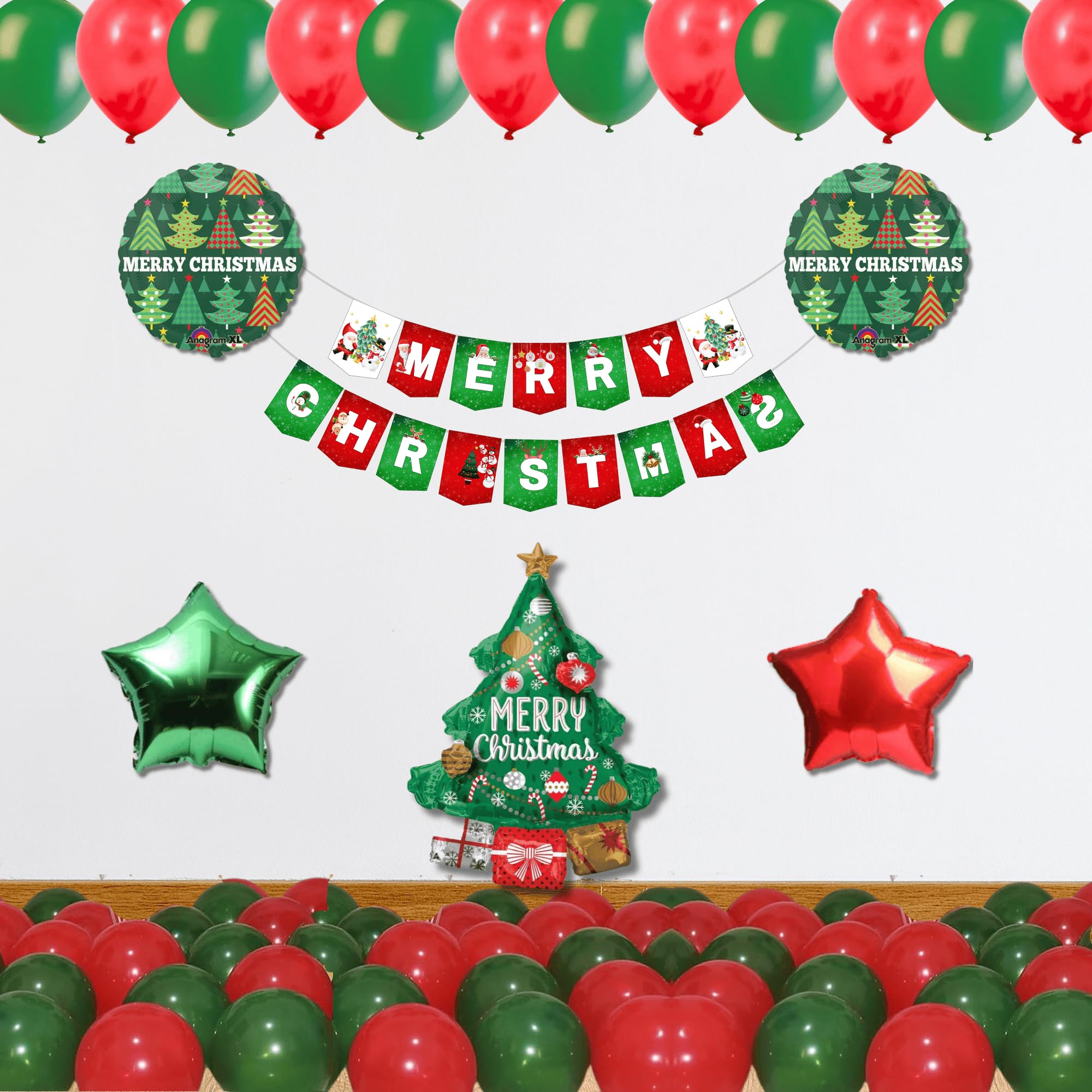 1iAM Elegant Christmas Decoration Kit for Home, Office, Shop, Xmas Party | Christmas Banner | Eye-catching 32"(Inch) Christmas Tree | Seasonal Party & Home Decor Items Red and Green(Pack of 47)