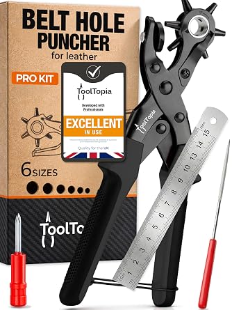 ToolTopia Belt Hole Puncher for Leather   Heavy Duty Rotary Hole Puncher with 6 Sizes, Comfort Lever, Leather Belt Hole Punch for Belts, Watches, Shoes, Fabric and PVC - Black
