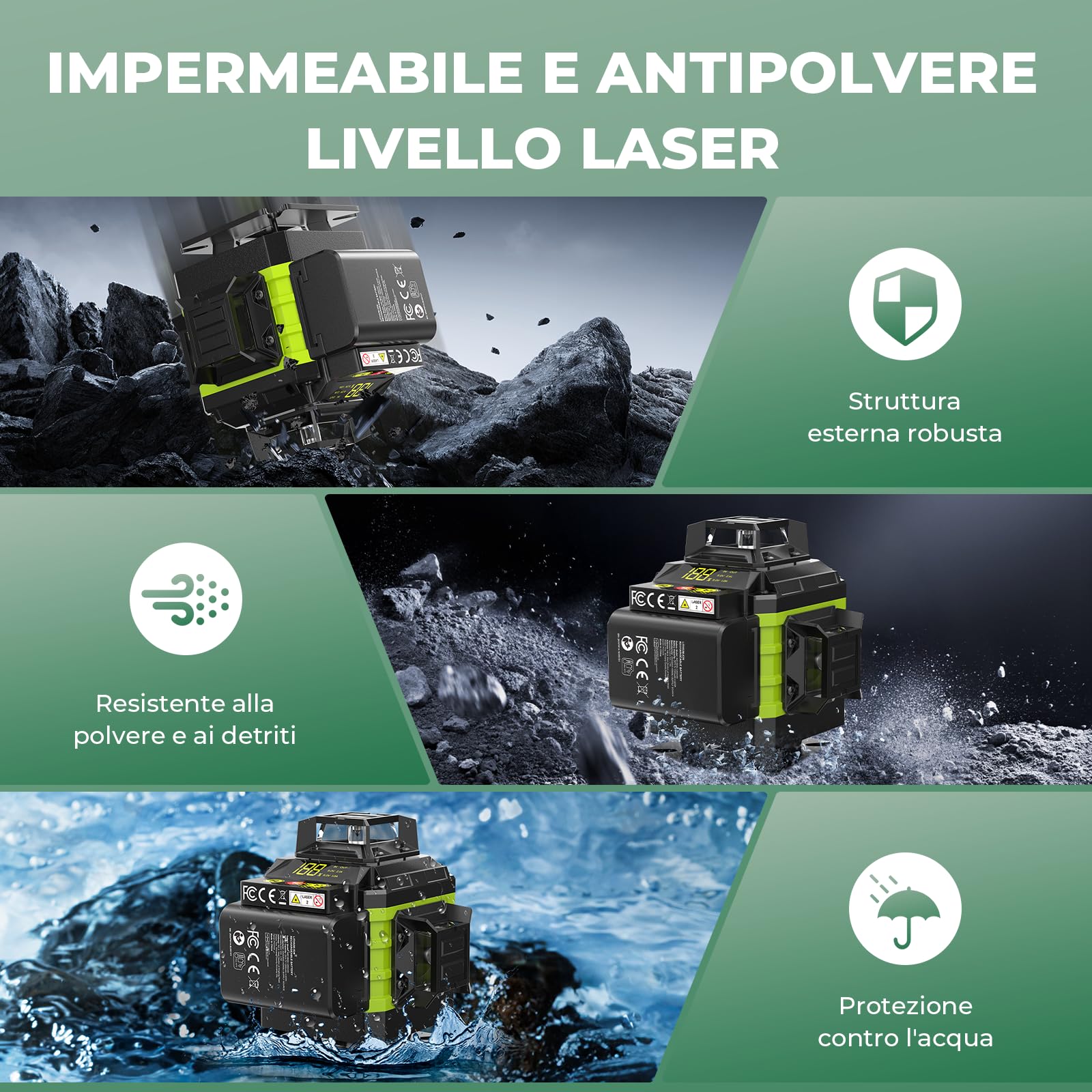 Livella Laser Autolivellante 16 Linee con Treppiede, 4 X 360 °Livello Laser Autolivellante Verde, 2 x Batterie, Autolivellante, Supporto rotante, Telecomando