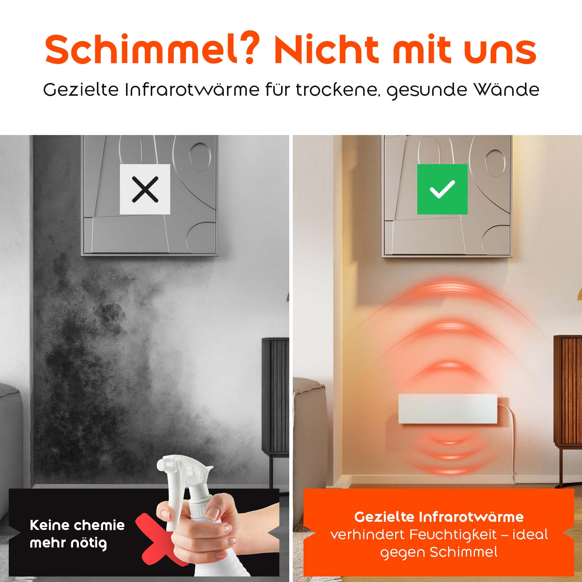 Infrarotheizung Schimmelentferner - Bad, Wand & Boden [70W] Infrarot-Heizung gegen Schimmel | Wandheizung elektrisch | Modular erweiterbares Anti-Schimmel-Heizpaneel mit flexibler Wandmontage | PIGO