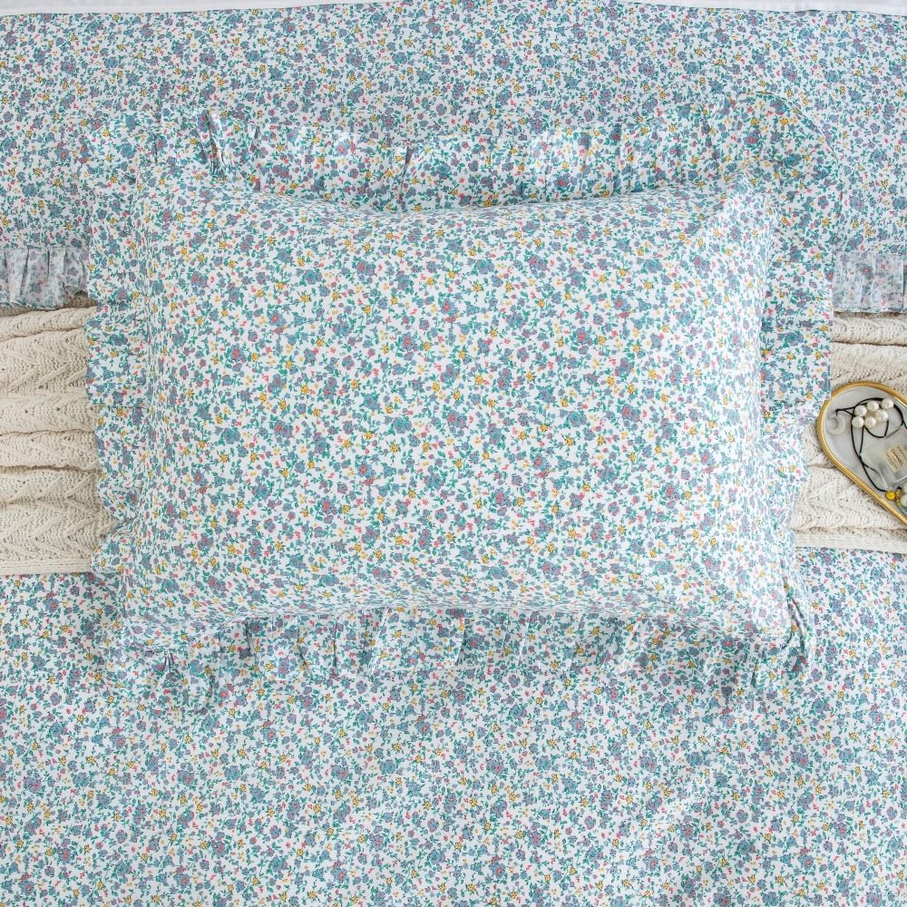 DAUAOTO Twin Size Ruffle Duvet Cover Set, 100% Cotton, Kids Teen Girls Duvet Cover 68"X86" + 1 Sham, Ditsy Floral Pattern Blue