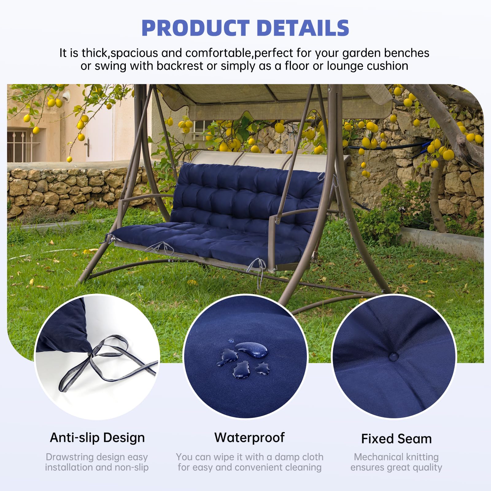 Goutime Gartenliegesitzkissen 150x100cm, 2-Personen Schaukelstuhlkissen mit Rückenlehne, Wasserdicht UV-Schutz, Festzurrgurte für Innen & Außen (Blau)
