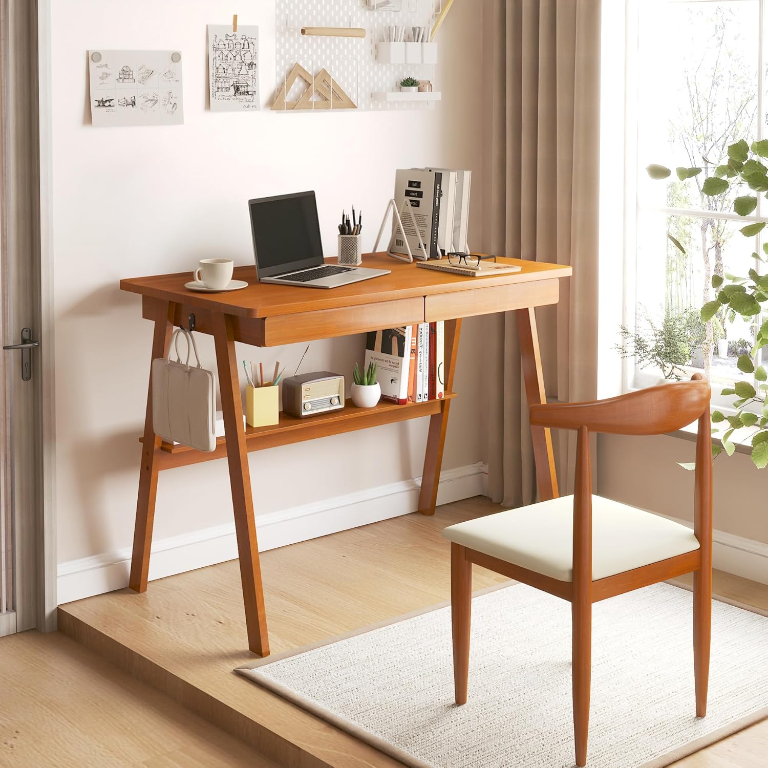 100% Solid Wood Writing Desk - 39.4" Mid Century Modern Home Office Desks, Small Computer Desk for Small Spaces with 2 Drawers and Storage Shelf, Laptop Study Table for Bedroom/Living Room, Walnut
