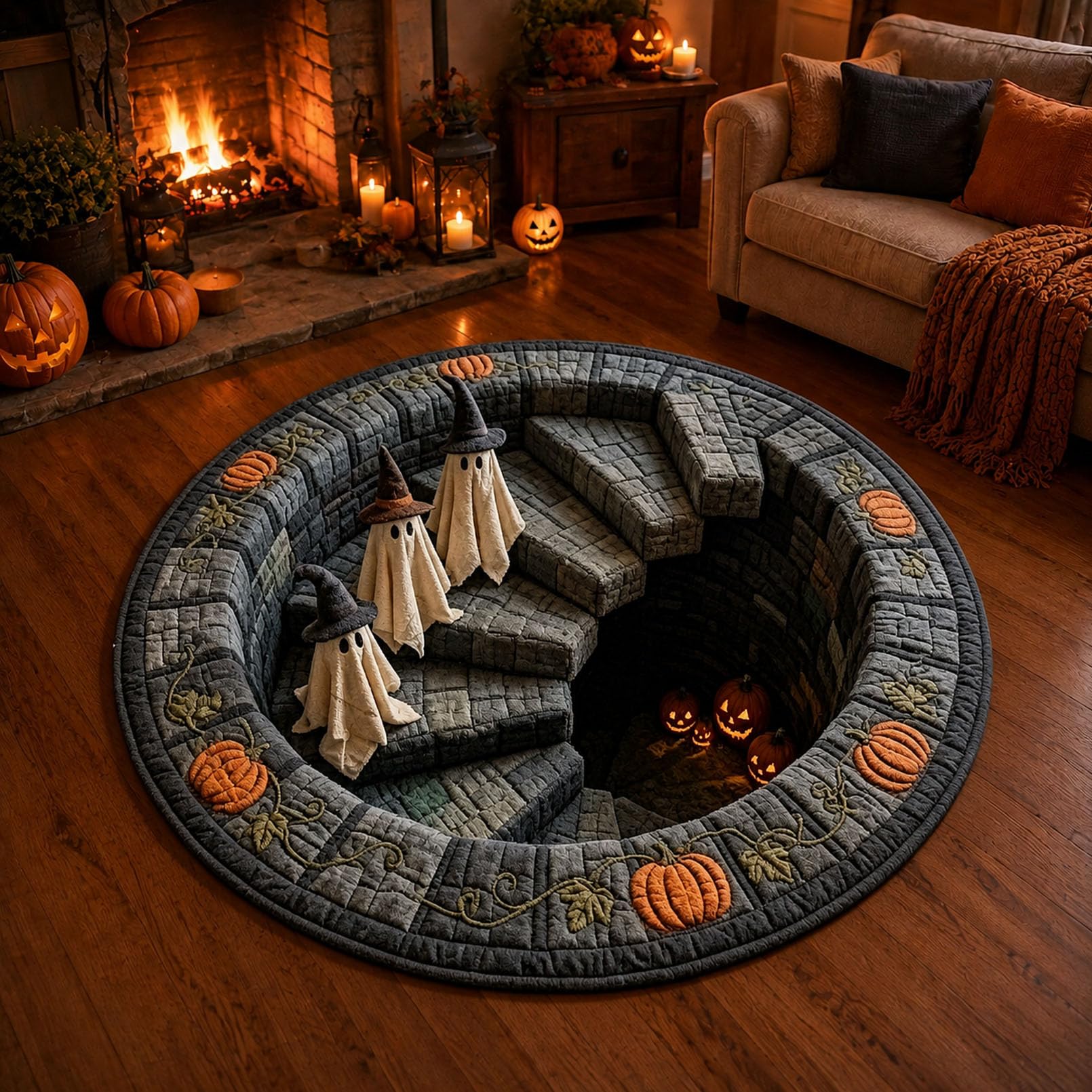 Ten Treasure 3D Optical Illusion Haunted Staircase Round Rug, 3d Halloween Optical Illusion Rug, Ghost Quilted Carpet Skeleton Pumpkin Home Decor For Living Room Door Indoor Party (23.6 * 23.6in-B)