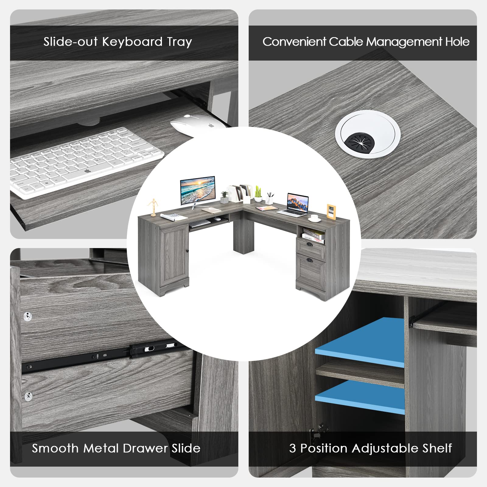 Tangkula 66" × 66" LShaped Desk, Corner Computer Desk with Drawers Keyboard Tray and Storage