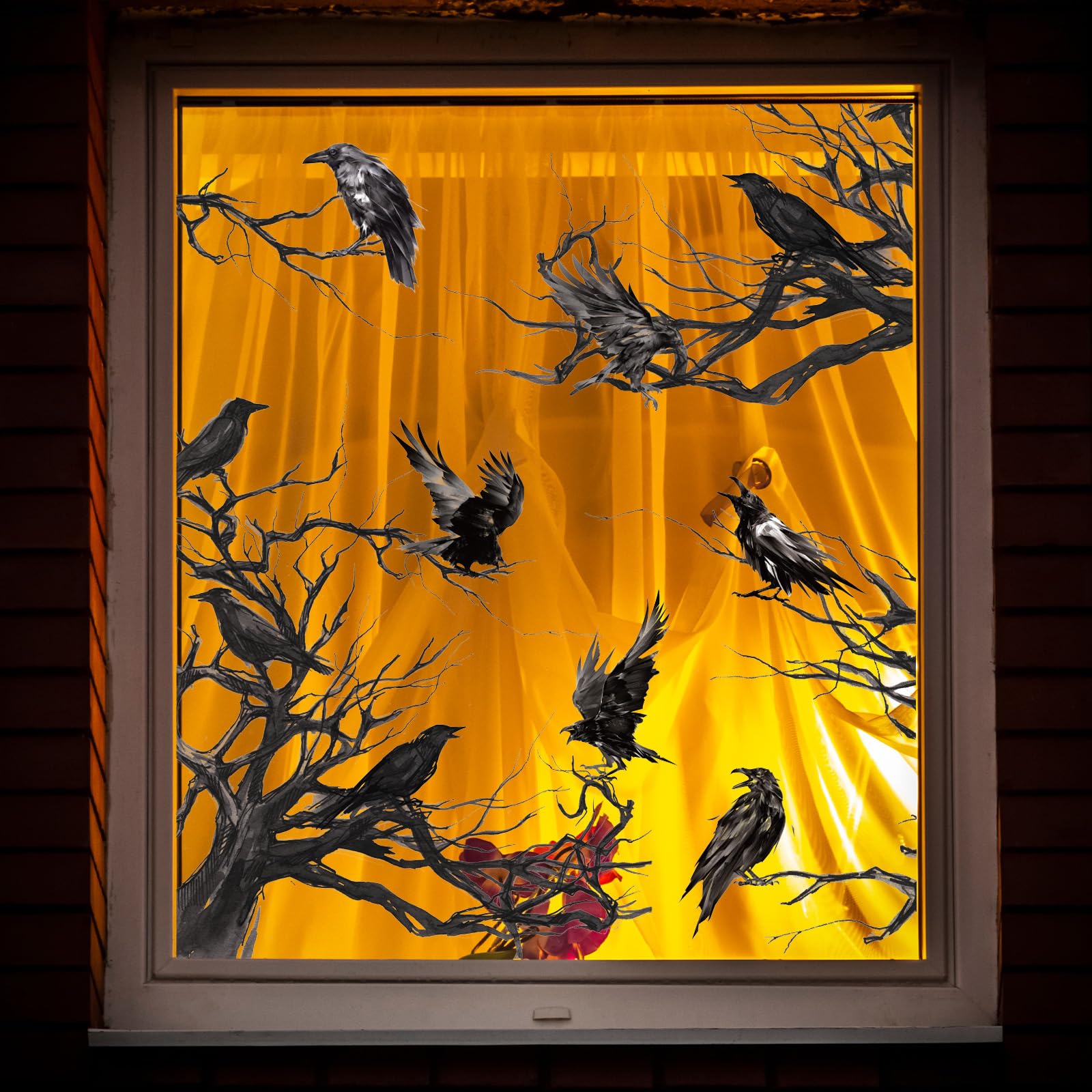 JarThenaAMCS Halloween Crow Window Cling Stickers Black Crow Birds Branches Gothic Double-Sided Reusable Window Decals for Party Home Office Classroom Decor, 4 Sheets