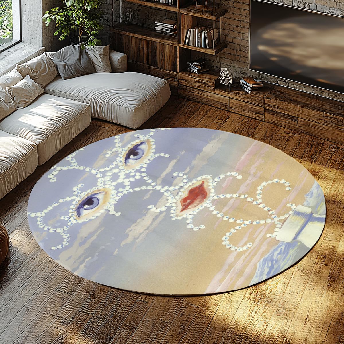 Tapis moelleux imprimé visage perle style surréaliste rond 150cm