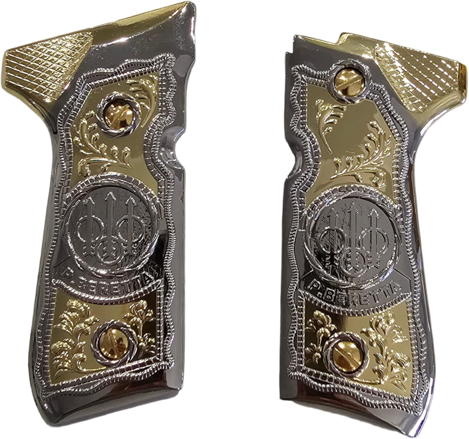 Metal Grips for Beretta 92/96 Full Size, 92 fs, m9, 92a1, 92 INOX, Scroll Design Nickel Gold Plated, Gun Grips Screws Included