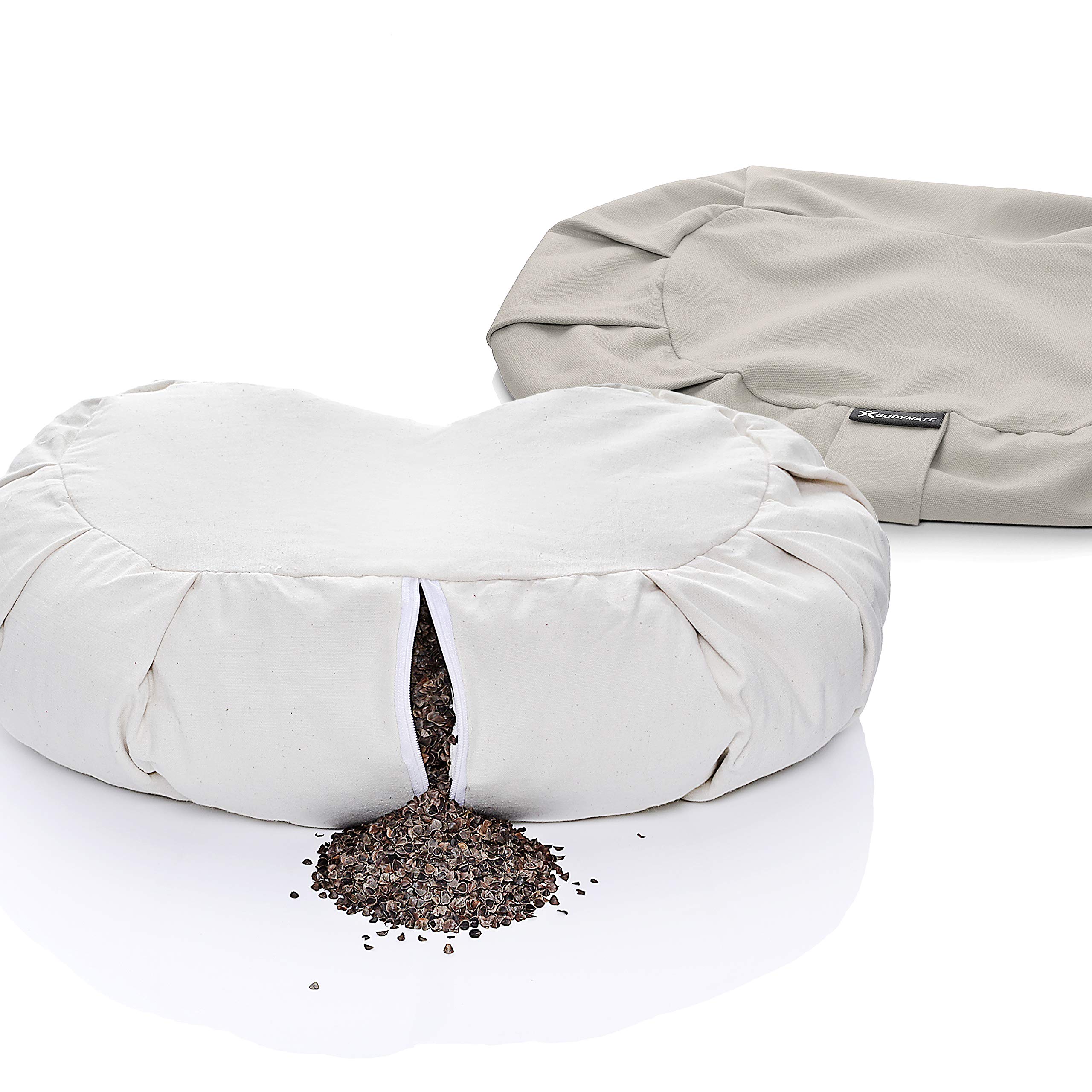 BODYMATE Cojín de yoga de media luna, 42 cm de largo, 30 cm de ancho y 15 cm de alto, con relleno de piel de trigo sarraceno, funda lavable a máquina, 100% algodón extragrueso, cojín de meditación