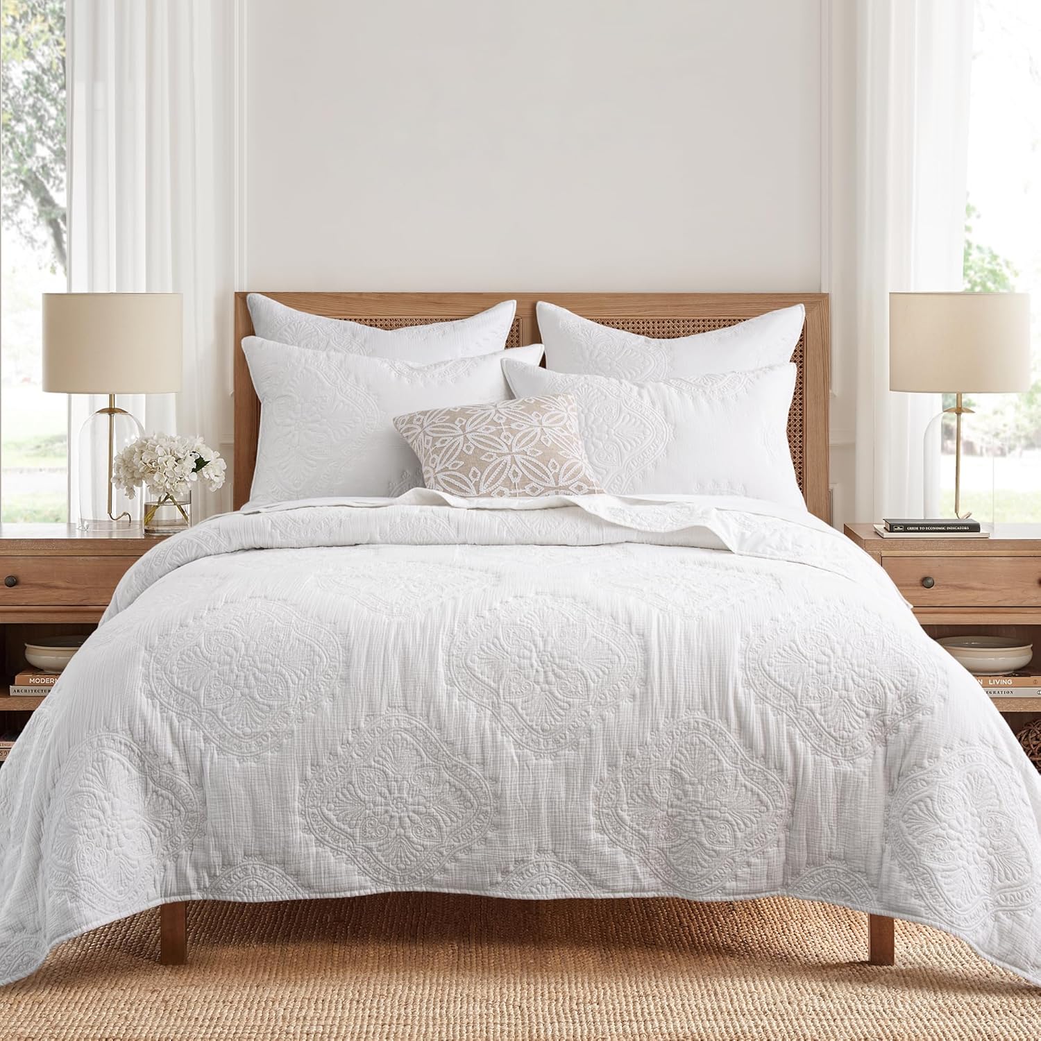 Levtex Home - Muslin Stitch Quilt Set - Full/Queen Quilt and Two Standard Shams - Stitched Medallion - White - Quilt (88x92in.) and Shams (20x26in.) - Reversible - Cotton