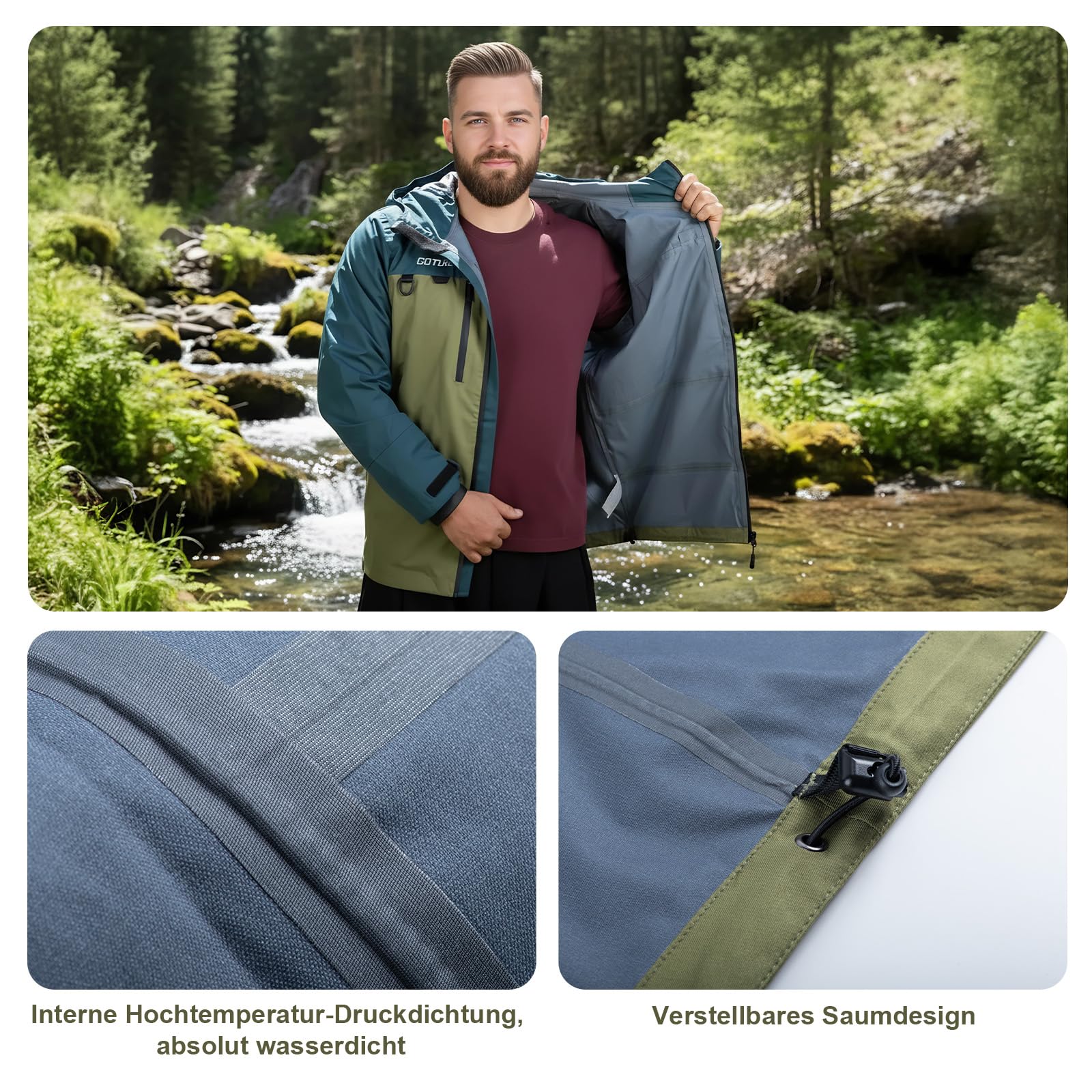 Goture Fliegenfischerweste Fliegenfischen Waten Jacke - Wasserdicht 15.000 mm & Atmungsaktiv mit Brusttaschen, Verstellbarer Kapuze, Handwärmetaschen für Angeln, Jagd, Outdoor Männer und Frauen