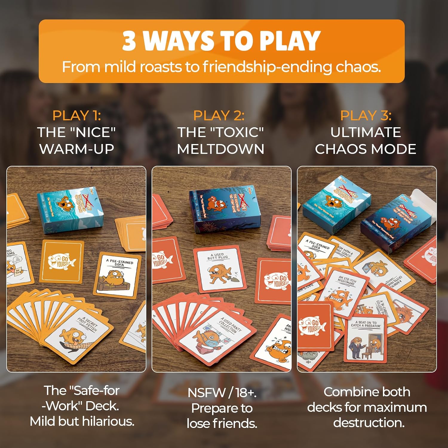 Adult Go Fish Card Game (Starter & Expansion), Dirty Version of Classic Fish Game - Hilarious Mature Social Party Games for Adults 18+ - Gag Gifts for Game Night & Birthdays, 104 Spill-Resistant Cards