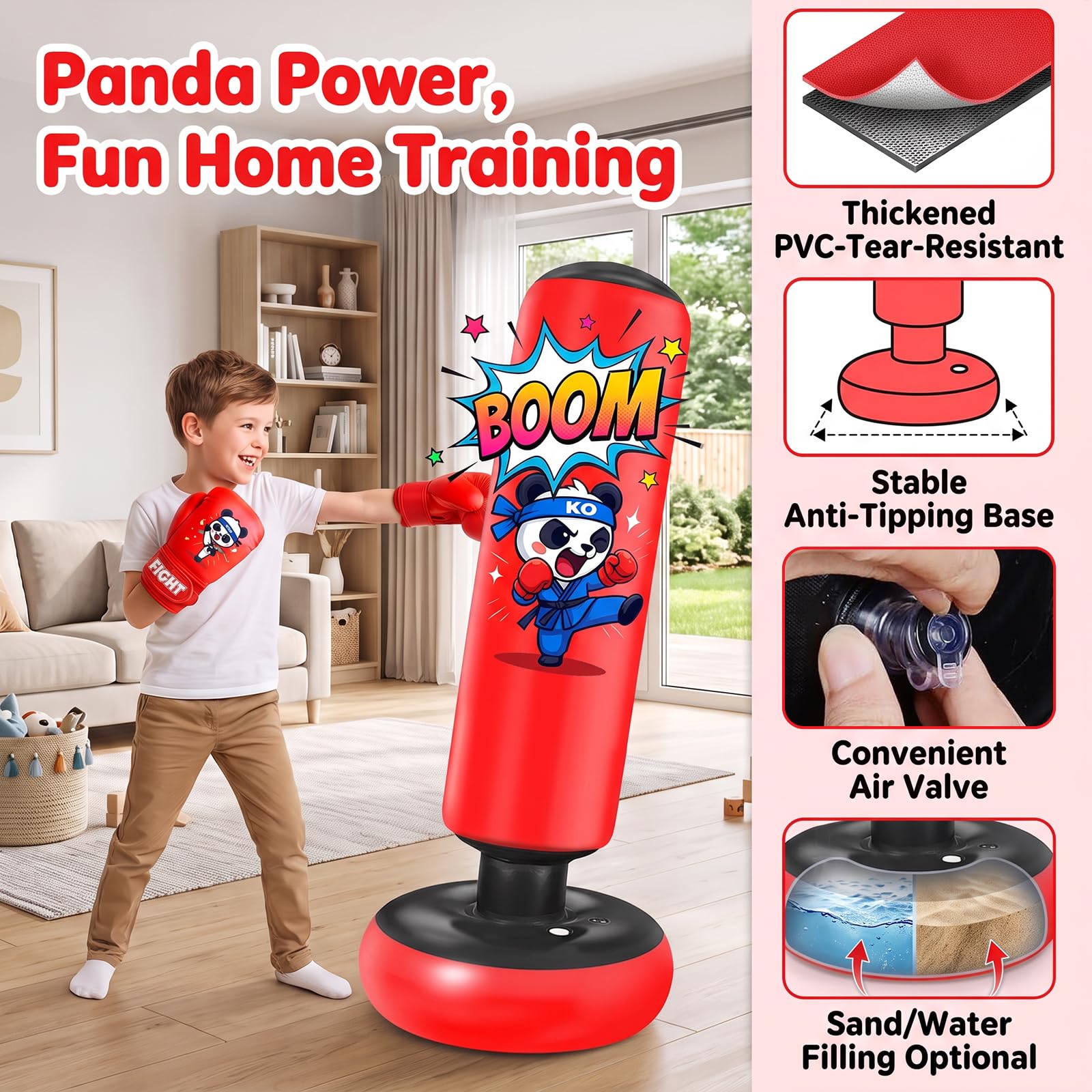 Ninonly Sacco da Boxe 130cm con Guanti e Pompa per Bambini 3-8 Anni | Sacco da Boxe da Terra Gonfiabile, Punchball per Karate MMA Taekwondo, Gioco Fitness per Allenamento a Casa, Design Panda