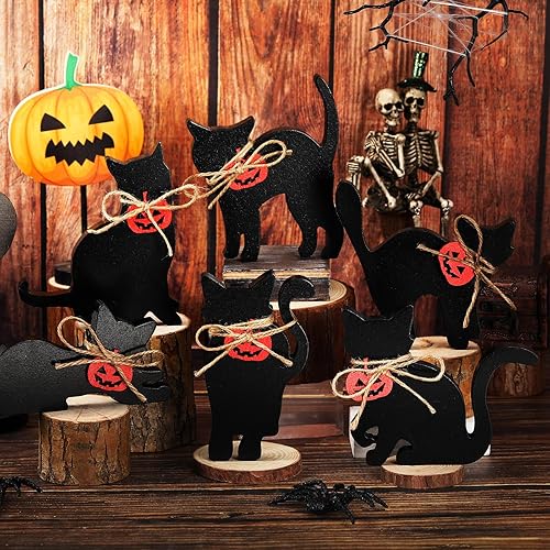 Miniatura 3 de Pinkunn 6 piezas de decoración de madera de Halloween con silueta de gato negro de calabaza, decoración de bandeja escalonada de madera para el