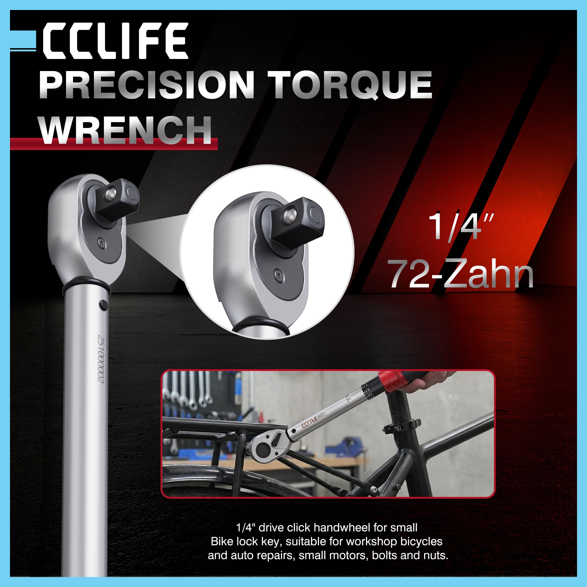 CCLIFE Klucz dynamometryczny 1/4 cala Click 1-25 Nm – precyzyjny moment obrotowy klucz do roweru i motocykla, niezawodne kliknięcie, łatwe ustawienie skali do warsztatu i prac typu "zrób to sam"