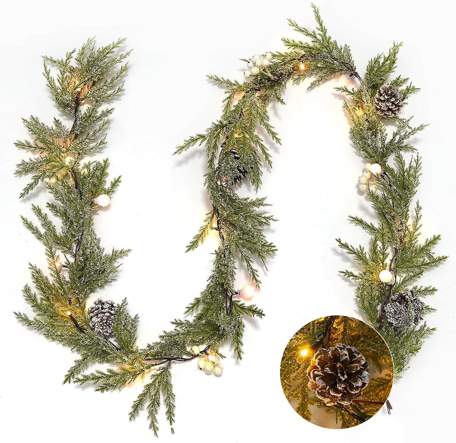 RECUTMS 6.5Ft Christmas Decorations with Lights Artificial Wreath White Berries and White Pinecones Xmas Decorations for Home Wall Decor (Berries)