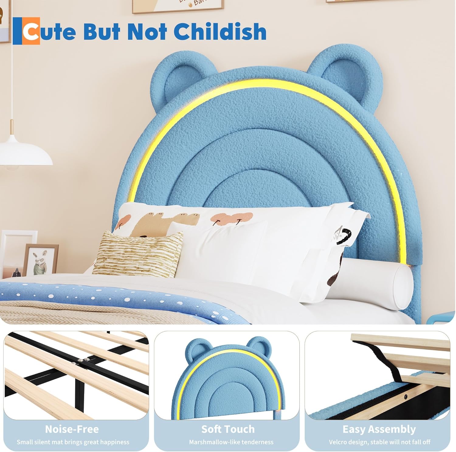 IDEALHOUSE Twin Upholstered Bed Frame with 2 Storage Drawers & LED Rainbow Headboard, Berber Fleece Princess Platform Bed for Kids, Solid Wood Slats Support, No Box Spring Needed, Blue