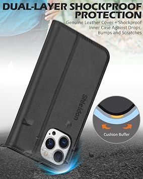 SHIELDON Case for iPhone 13 Pro 5G, Genuine Leather Wallet Case RFID Blocking Credit Card Holder Folio Magnetic Kickstand Shockproof Cover Compatible with iPhone 13 Pro 5G 6.1 - Black