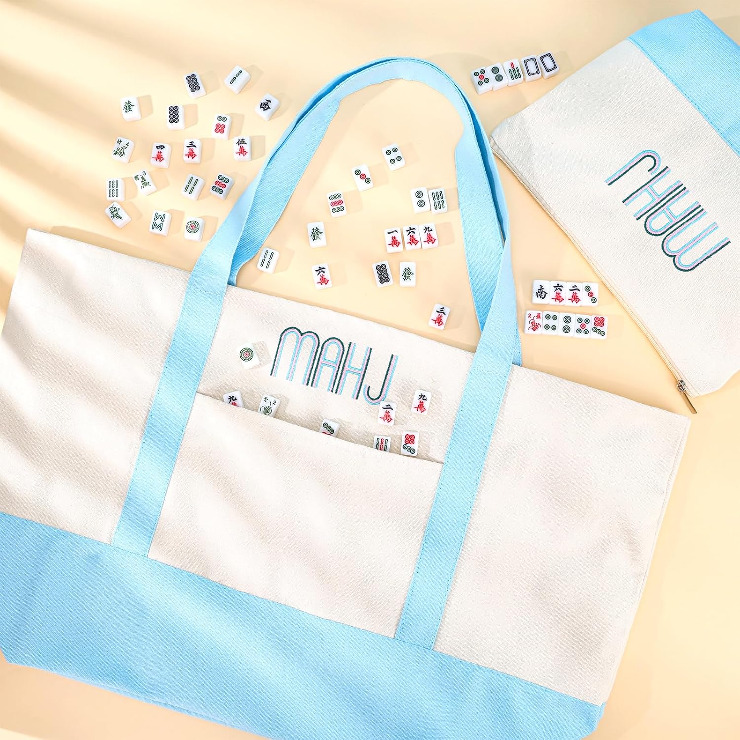 Booson 2 Pcs Empty Mahjong Canvas Bag Embroidered Tile Bag Mahjong Set Include Tiles Bags and Racks for Mahjong Lover Accessories Overnight