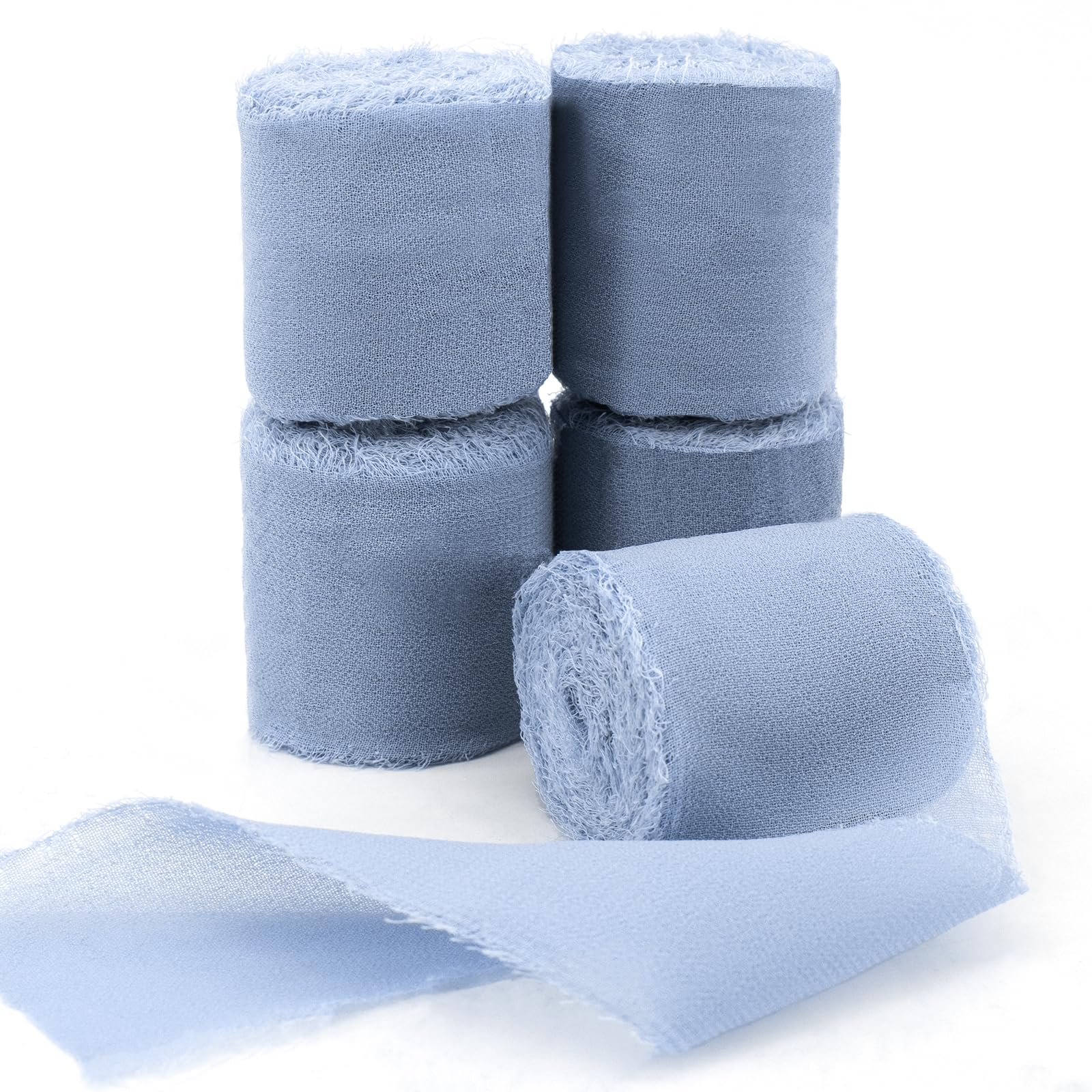 ZOCONE Blue Chiffon Ribbon 5 Rolls 1.5'' x 5 Yd Chiffon Silk Satin Ribbon Set Handmade Frayed Fabric Ribbons for Wedding Decoration Gift Wrapping Bridal Bouquets Bow Making and DIY Craft